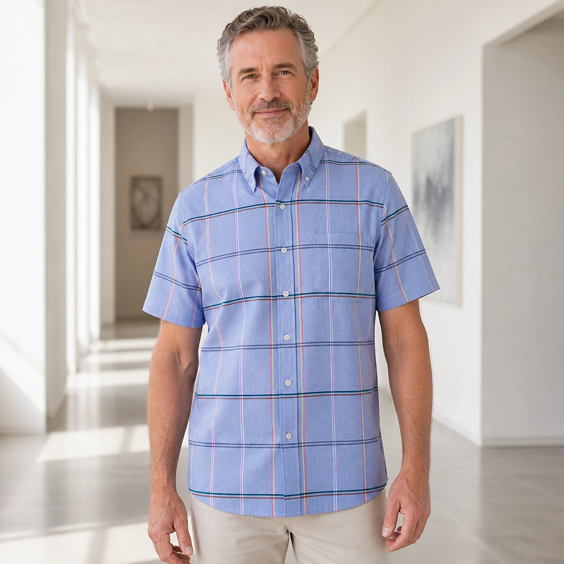 Blue Multicolor Windowpane Oxford Shirt — Full Front — view 21