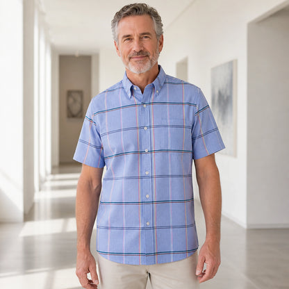 Blue Multicolor Windowpane Oxford Shirt — Full Front — view 21