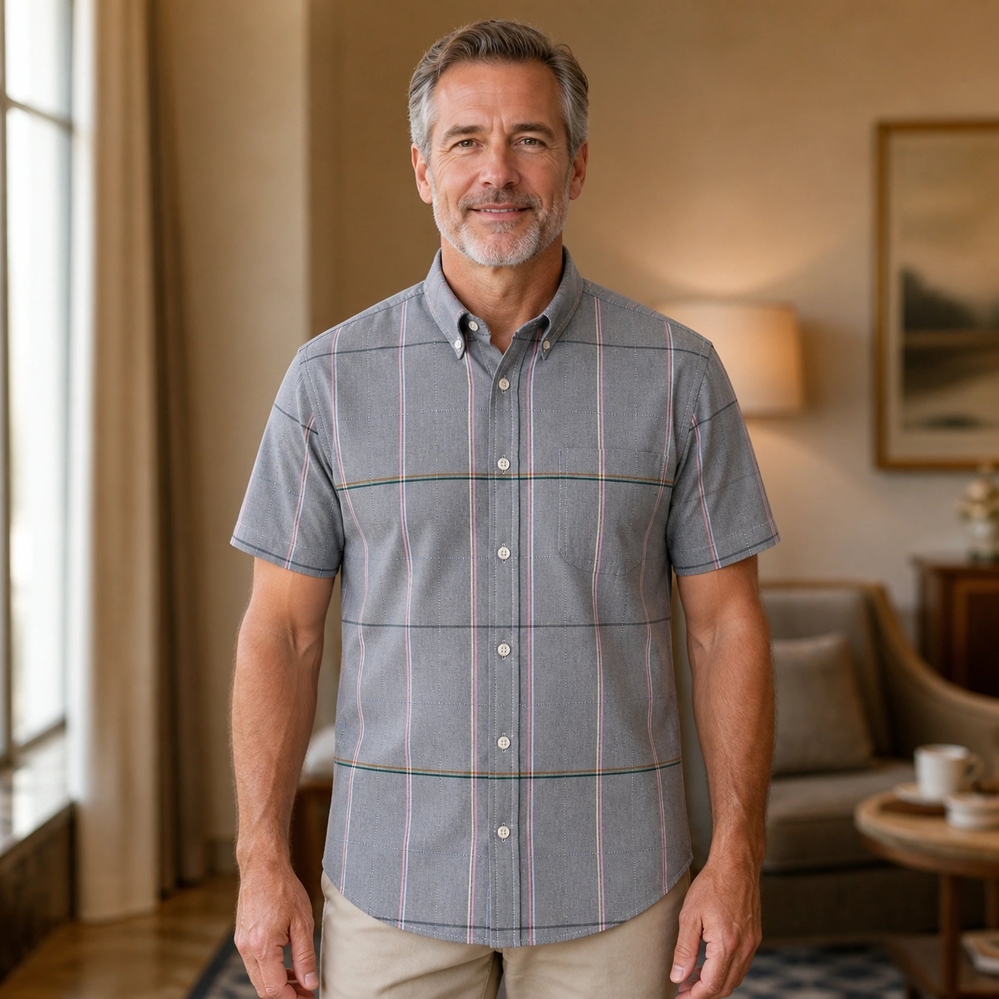 Gray Multicolor Windowpane Oxford Shirt — Full Front — view 22