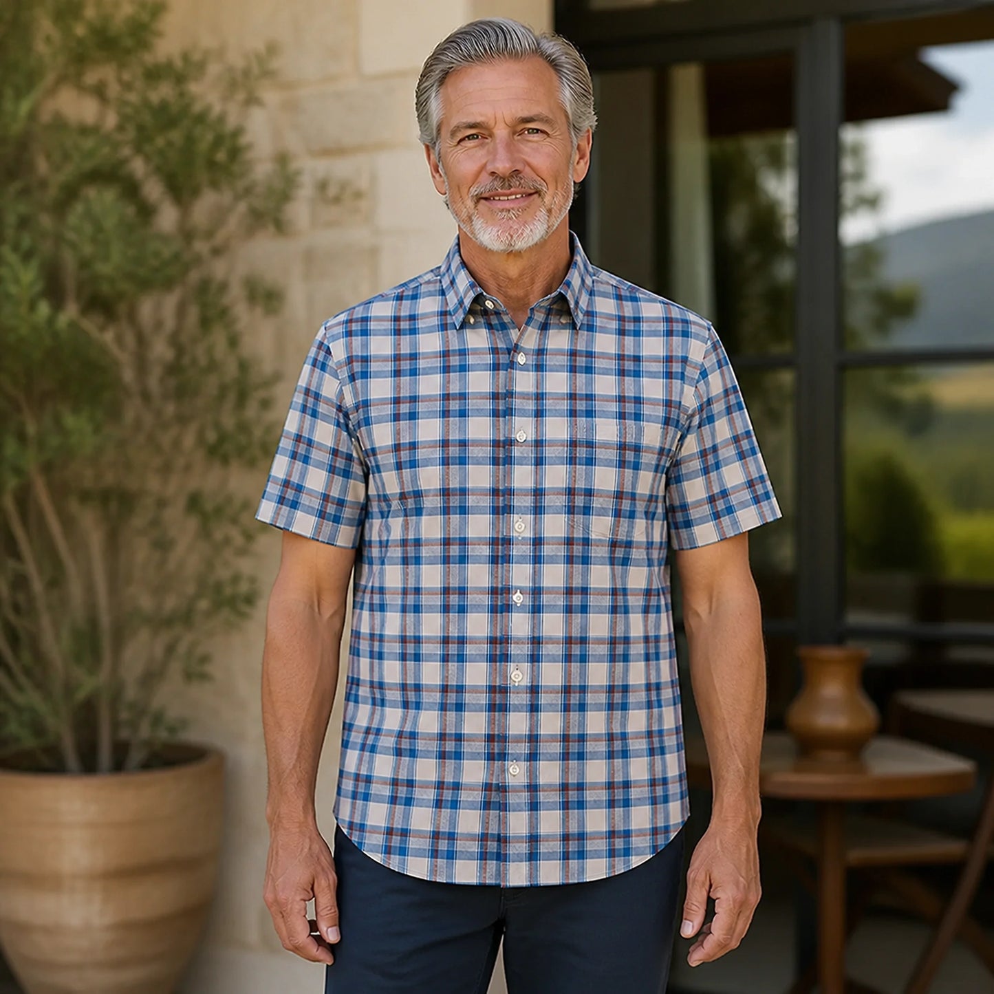Blue and Rust Plaid Oxford Shirt — Full Front — view 24