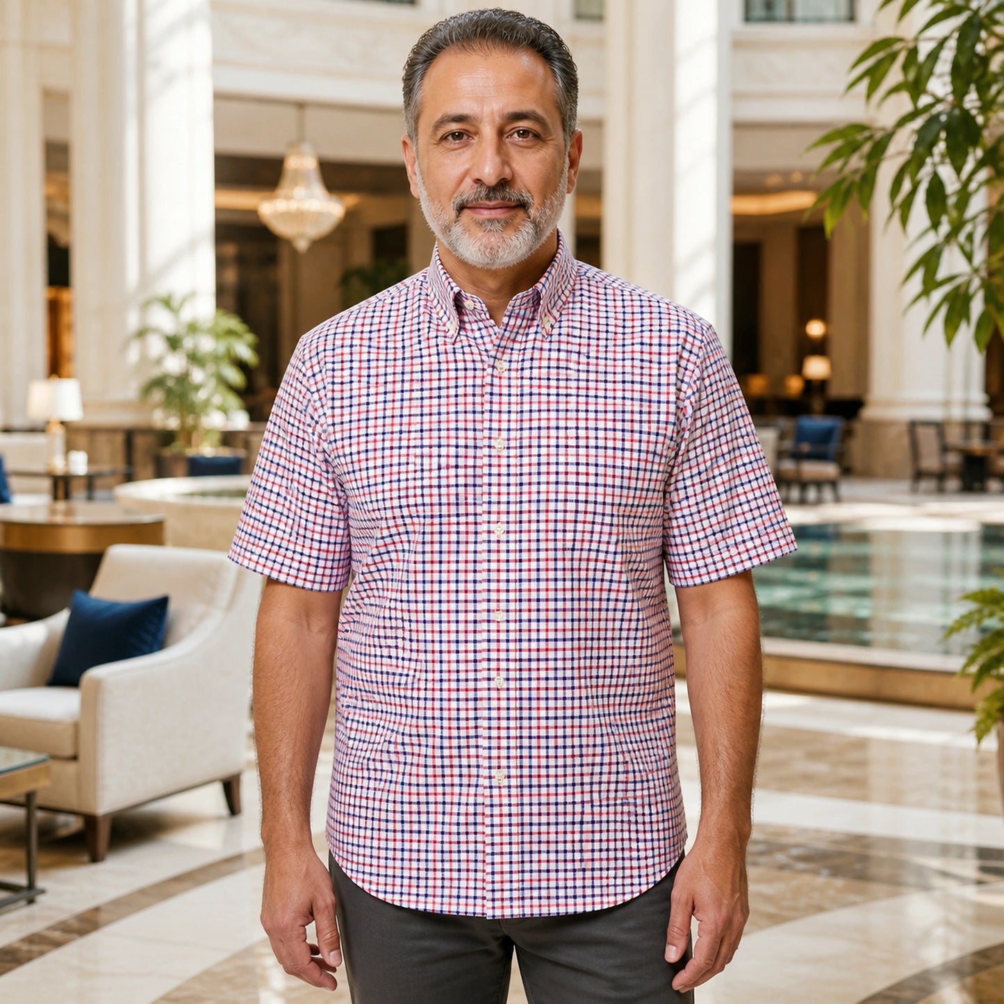 Red and Navy Check Oxford Shirt — Full Front — view 8