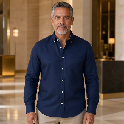 Professional mature man wearing the exact classic casual Oxford shirt — view 12