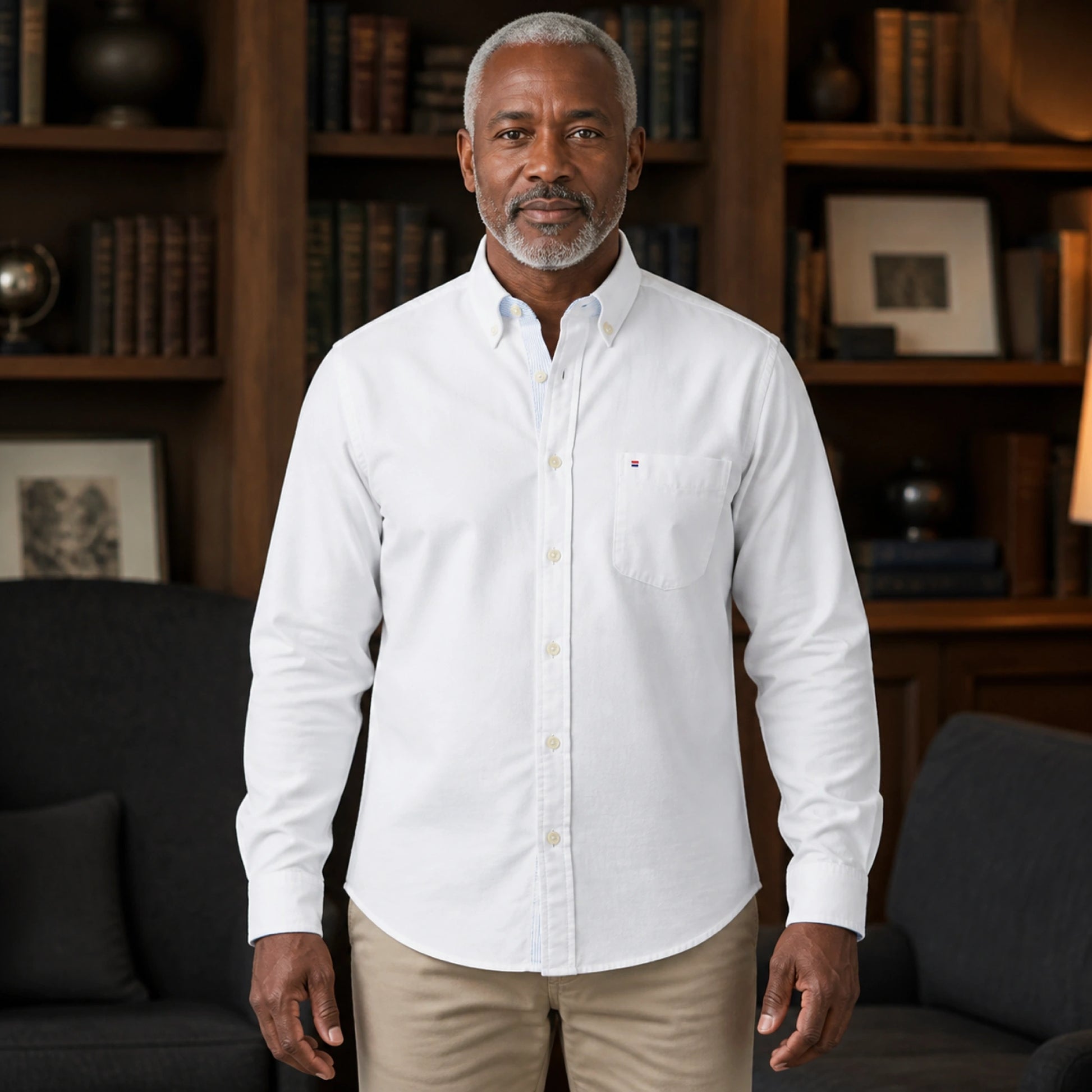 Professional mature man wearing the exact classic casual Oxford shirt — view 8