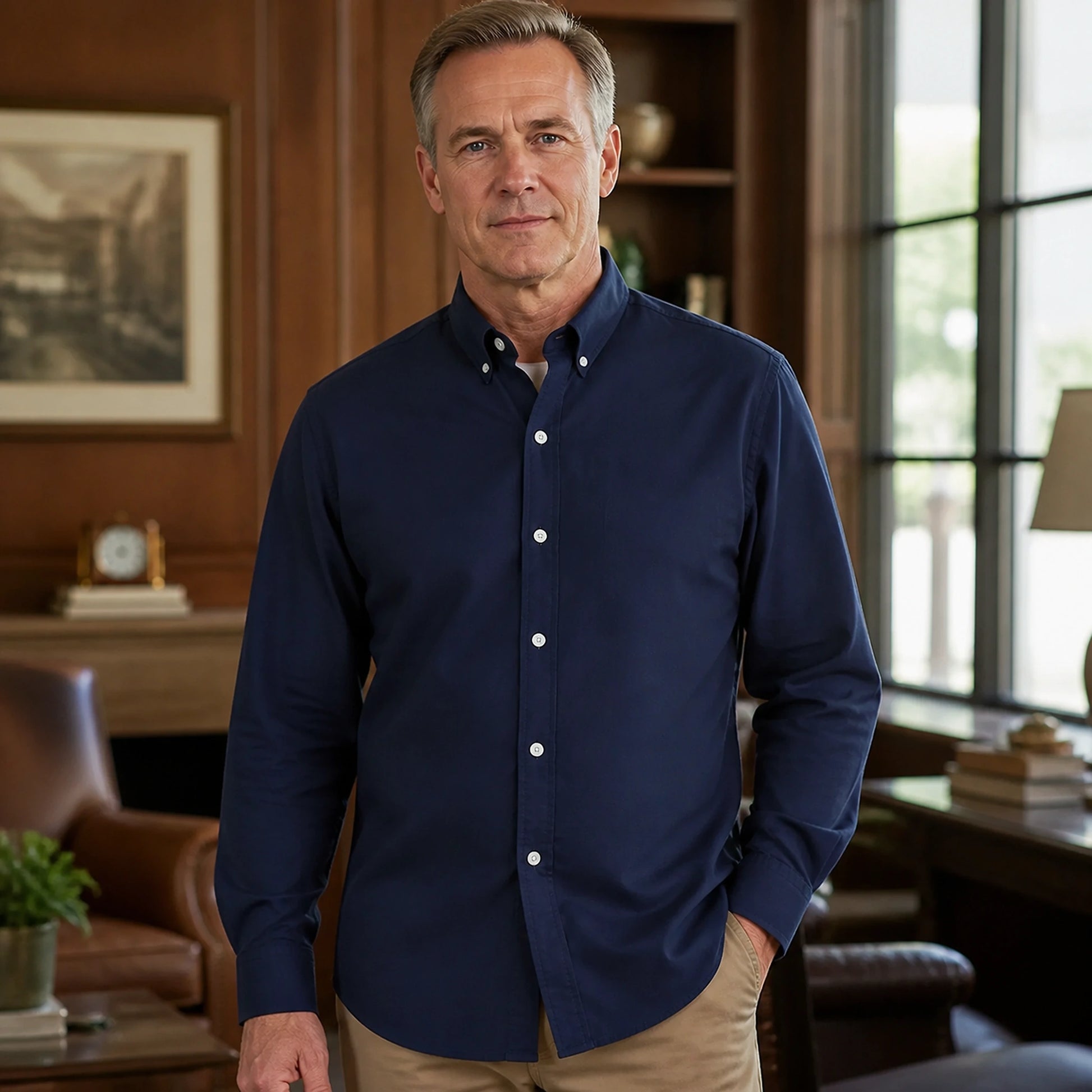 Professional mature man wearing the exact classic comfortable Oxford shirt — view 17