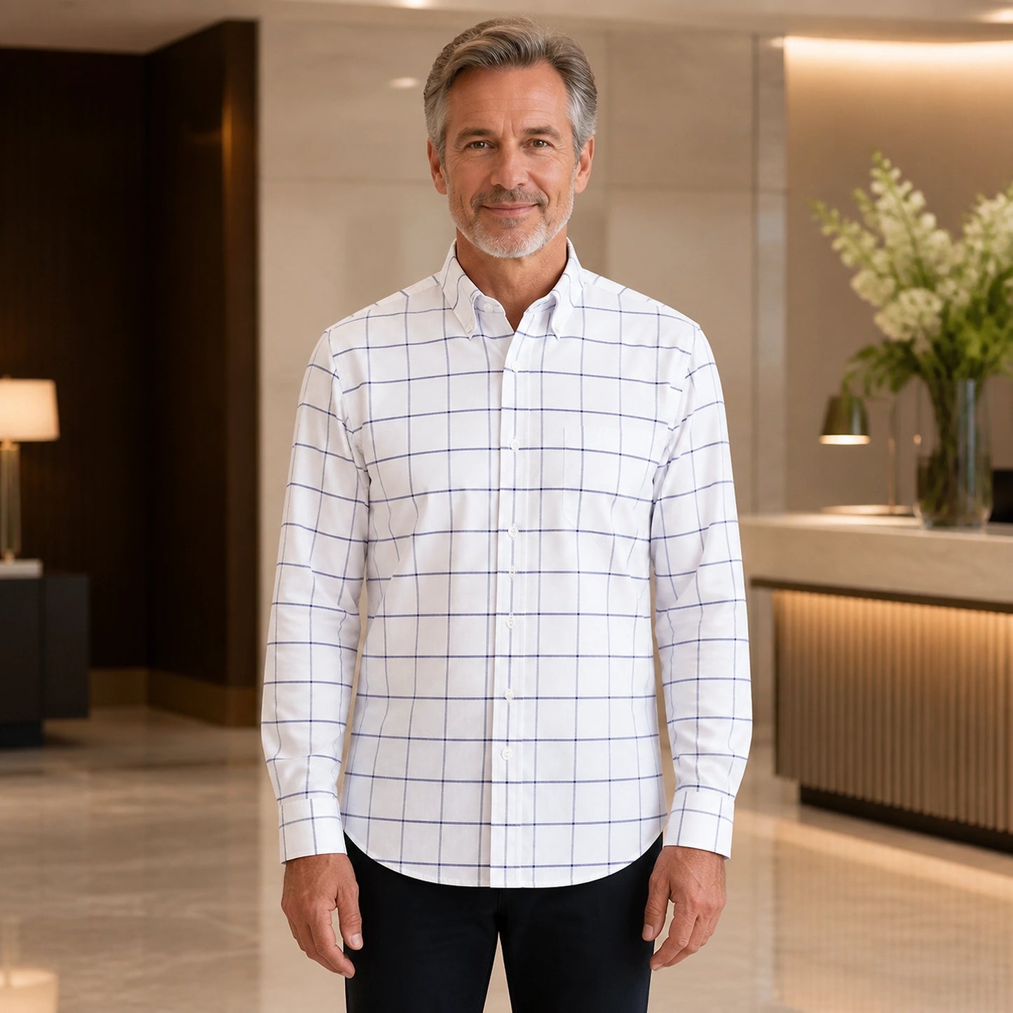 Professional mature man wearing the exact classic comfortable Oxford shirt — view 2