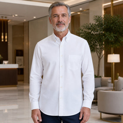 Professional mature man wearing the exact slim fit Oxford shirt — view 2