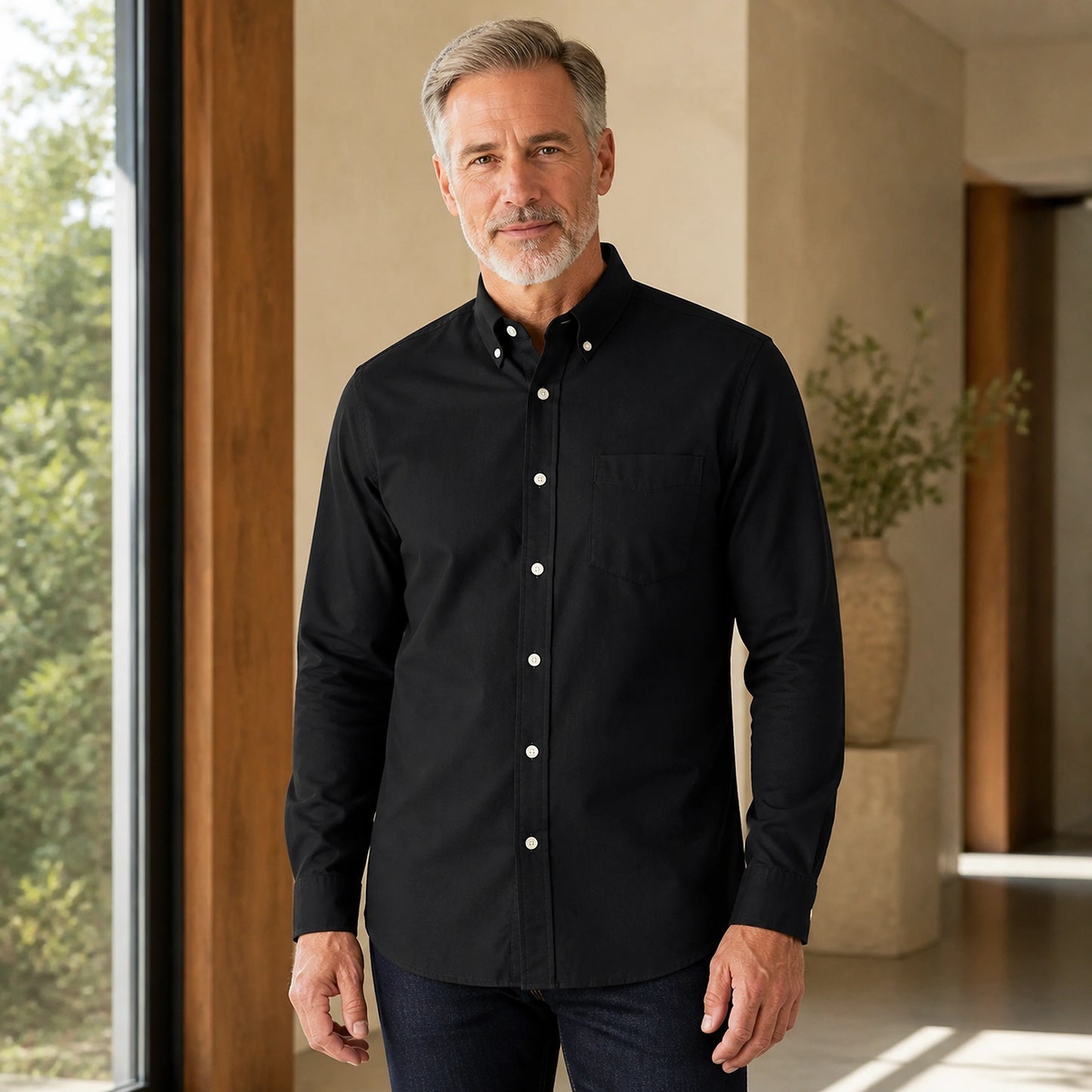 Professional mature man wearing the exact slim fit Oxford shirt — view 3