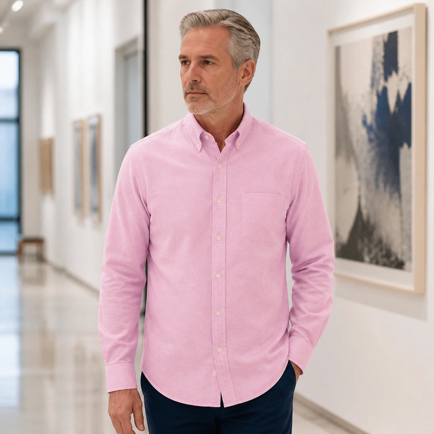 Professional mature man wearing the exact slim fit Oxford shirt — view 5