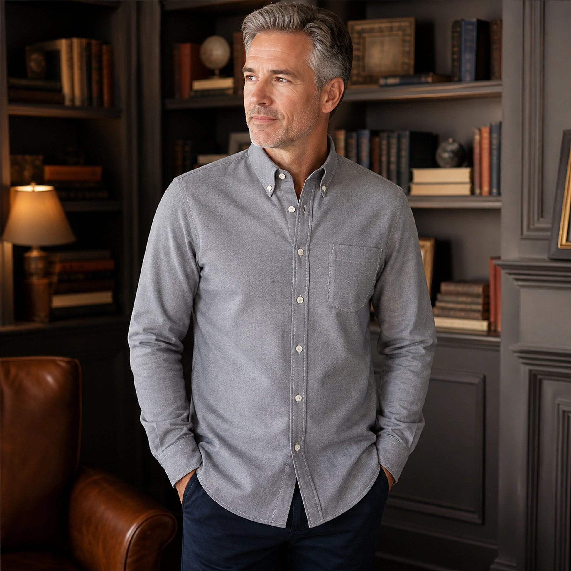 Professional mature man wearing the exact slim fit Oxford shirt — view 6