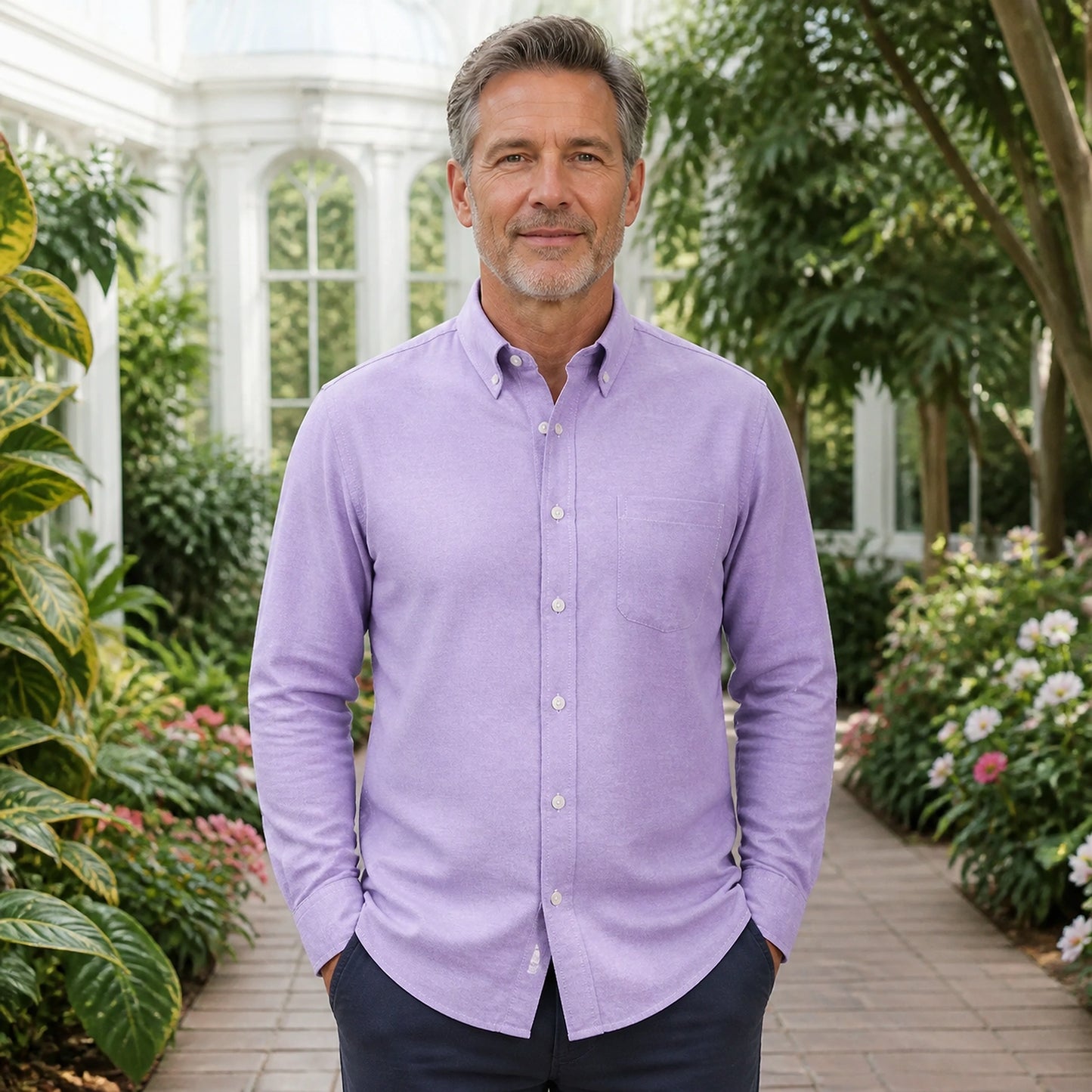 Professional mature man wearing the exact slim fit Oxford shirt — view 7