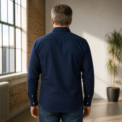 Professional mature man wearing the exact slim fit Oxford shirt — view 9