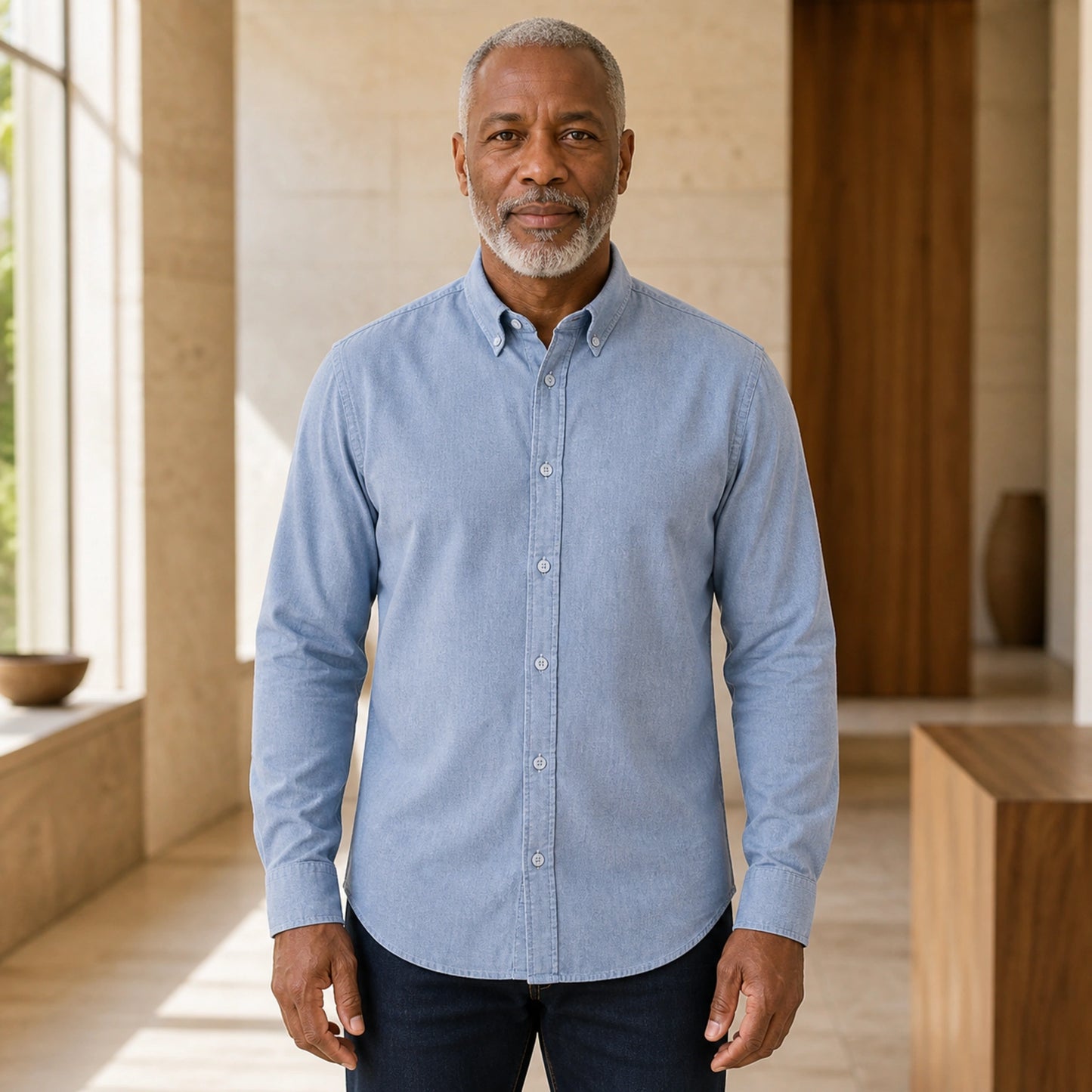 Navy Blue Brushed Oxford Shirt on mature male model, front view