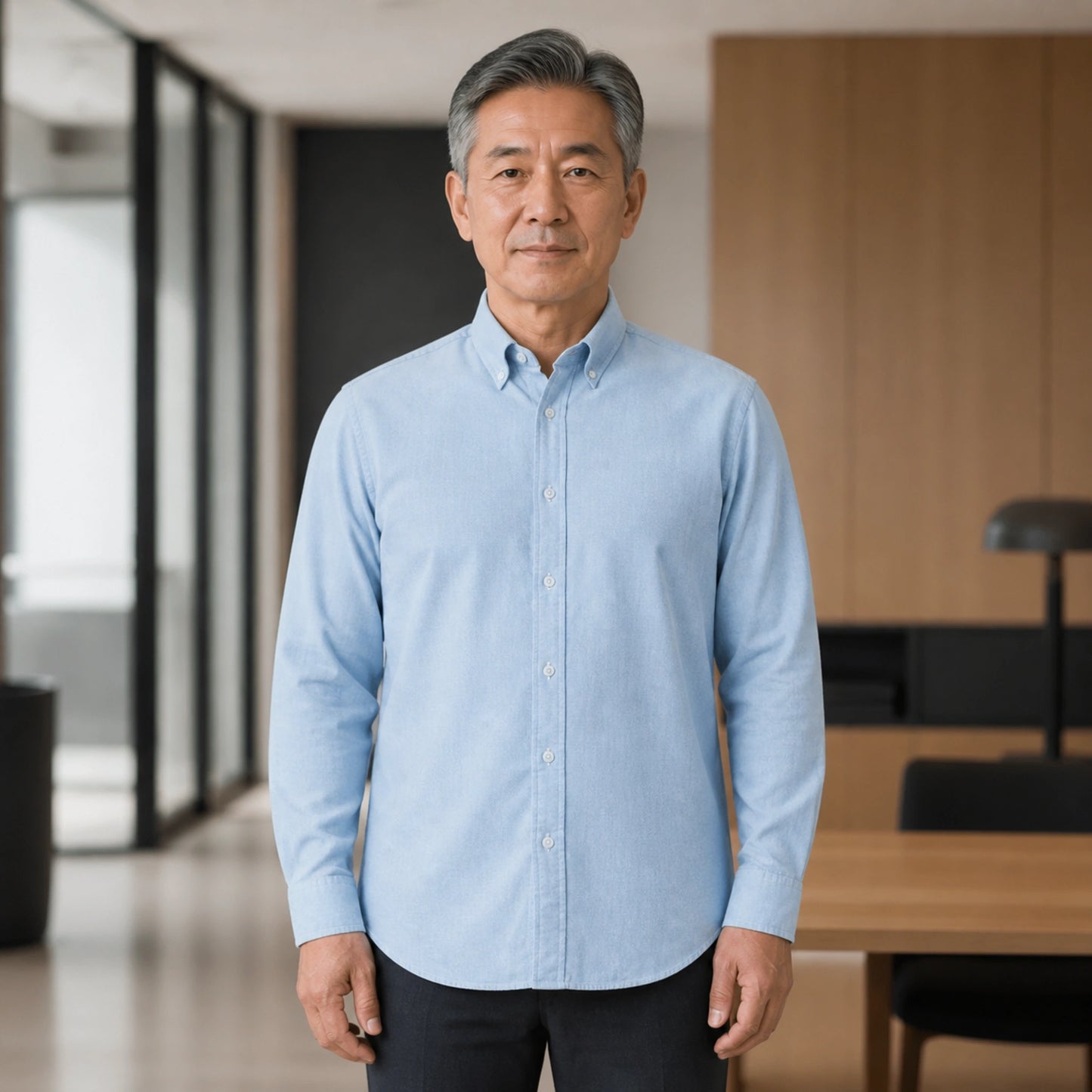 Light Blue Brushed Oxford Shirt on mature male model, front view — view 2