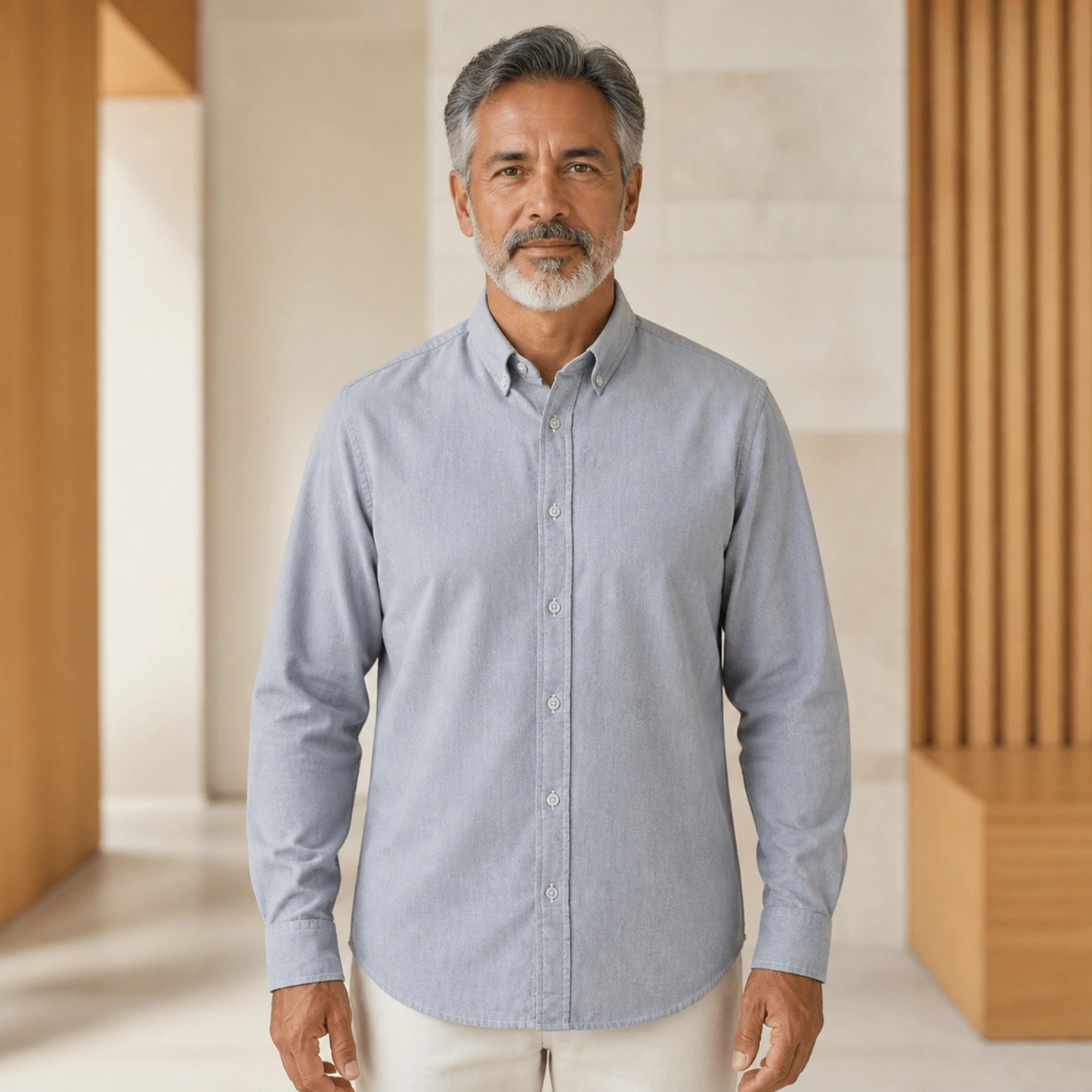 Light Gray Brushed Oxford Shirt on mature male model, front view — view 3