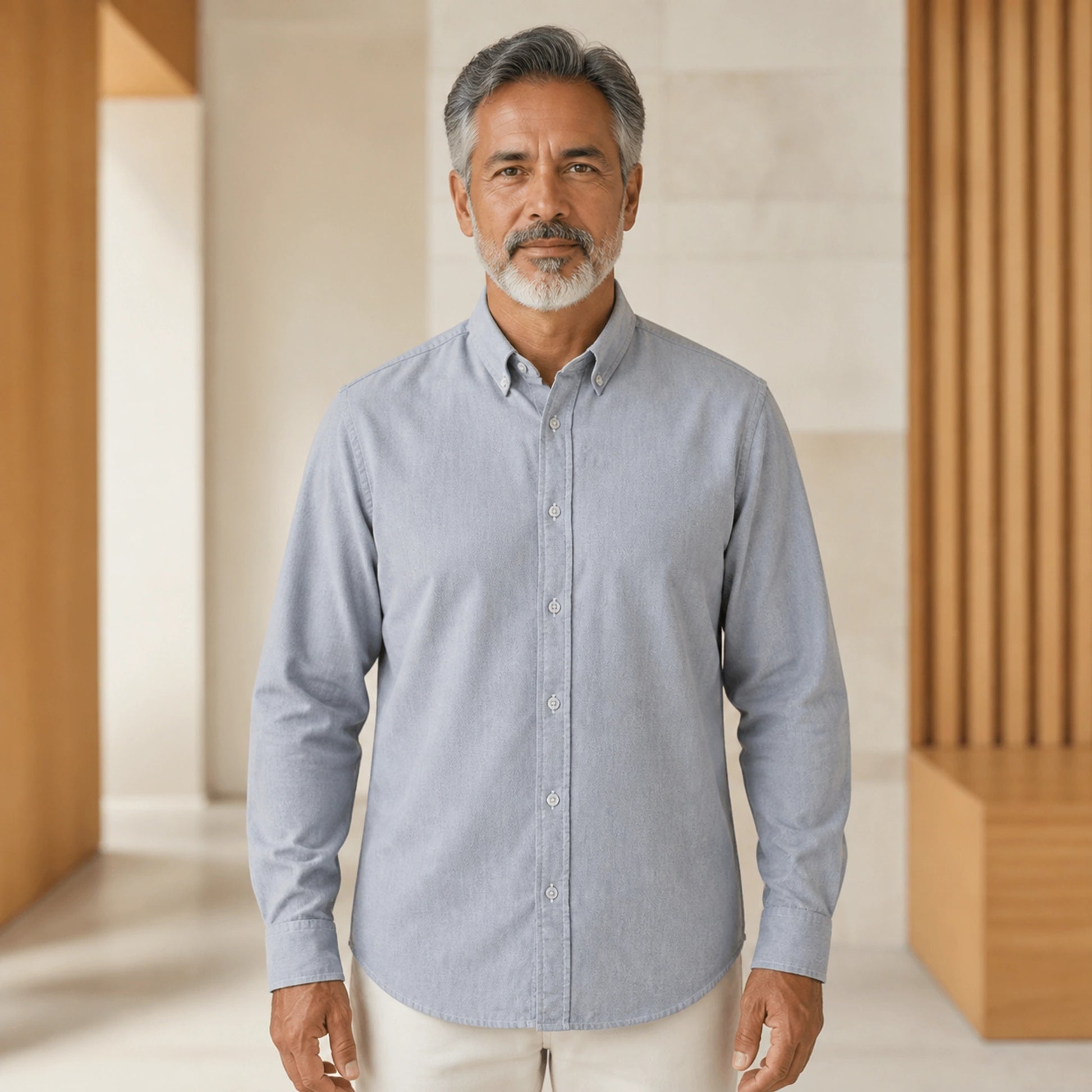 Light Gray Brushed Oxford Shirt on mature male model, front view — view 3