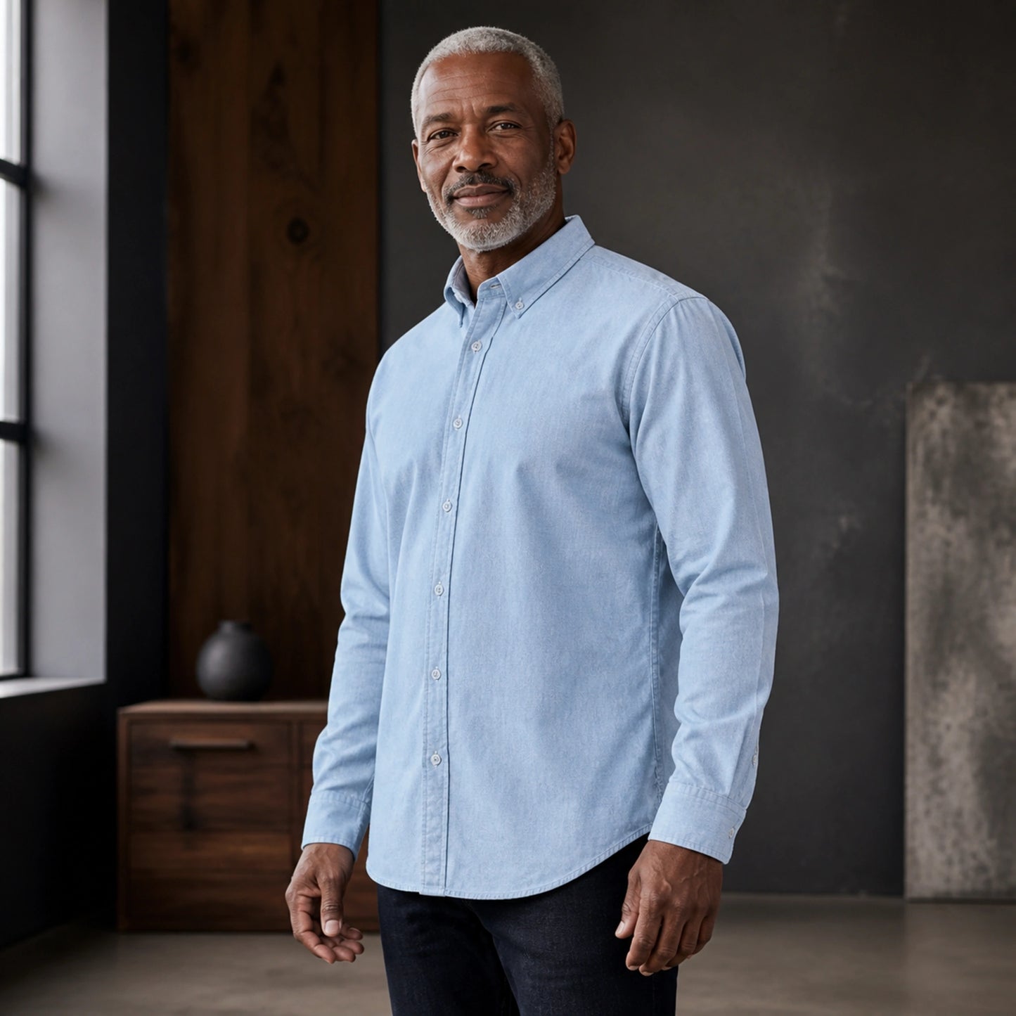 Light Blue Brushed Oxford Shirt on mature male model, side view — view 4