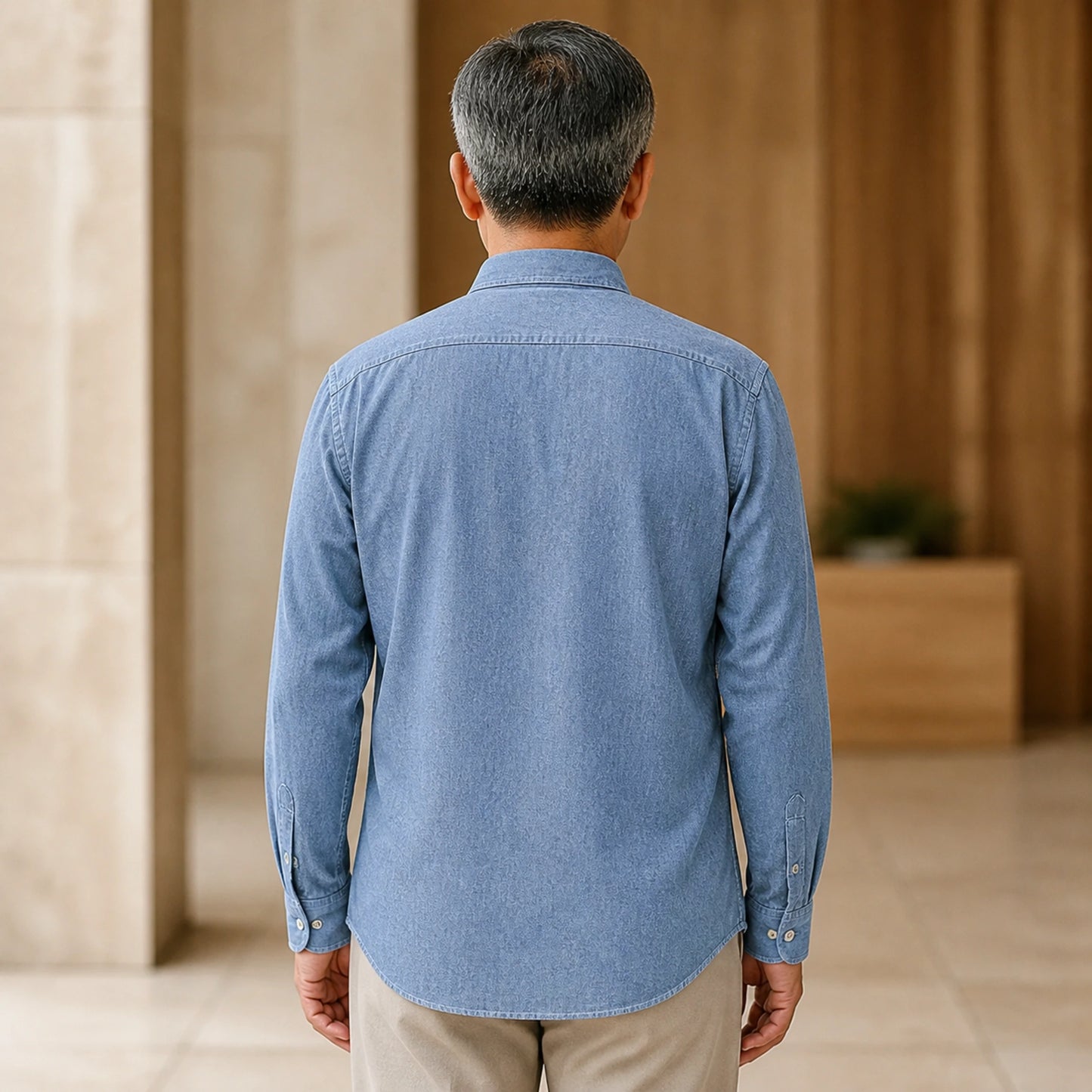 Navy Blue Brushed Oxford Shirt on mature male model, back view — view 5