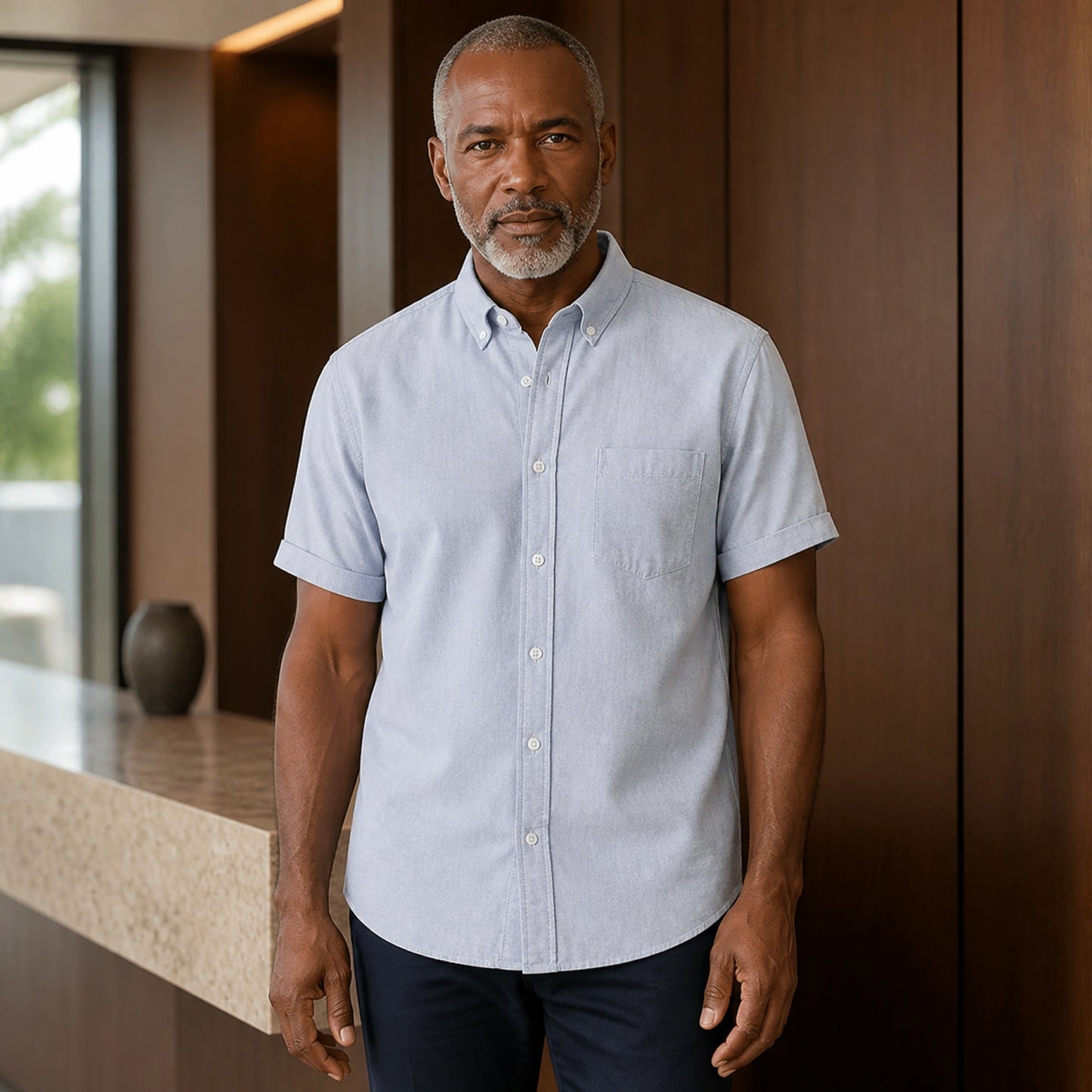 Mature man wearing the grey short sleeved Oxford shirt, full visible in a refined executive interior — view 2