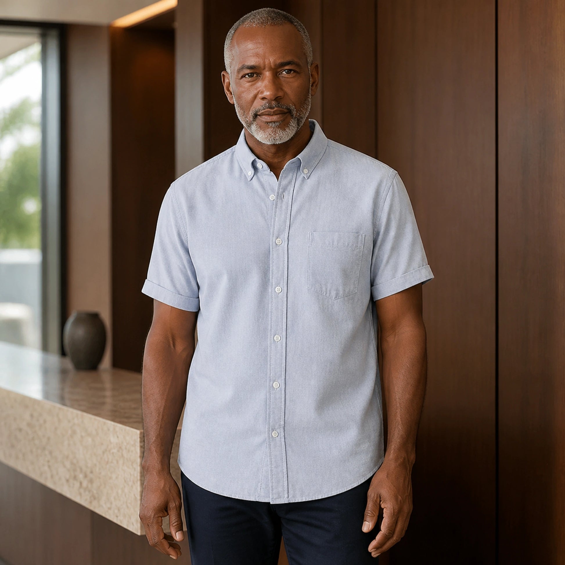 Mature man wearing the grey short sleeved Oxford shirt, full visible in a refined executive interior — view 2