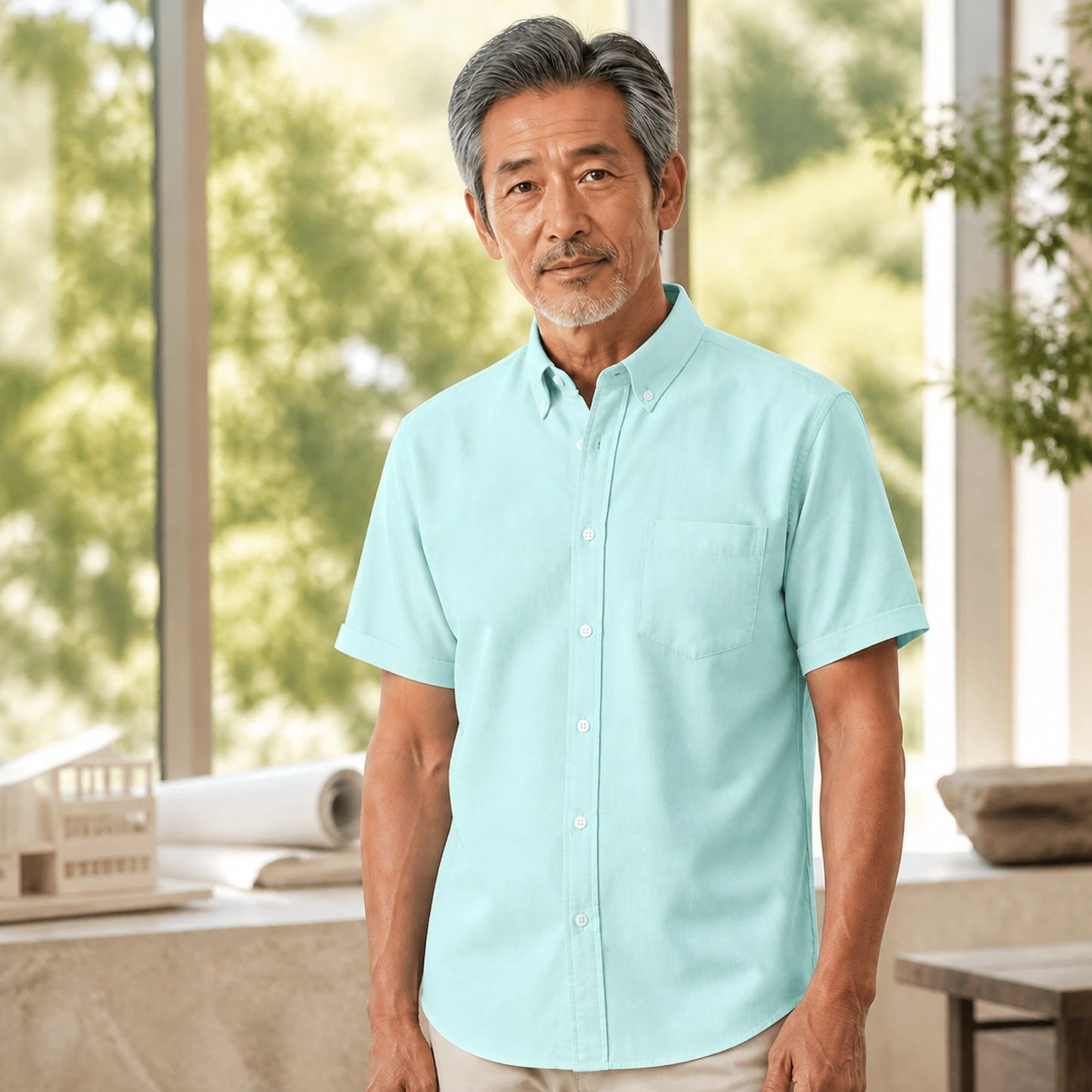 Mature man wearing the green short sleeved Oxford shirt, full visible in a bright design — view 3