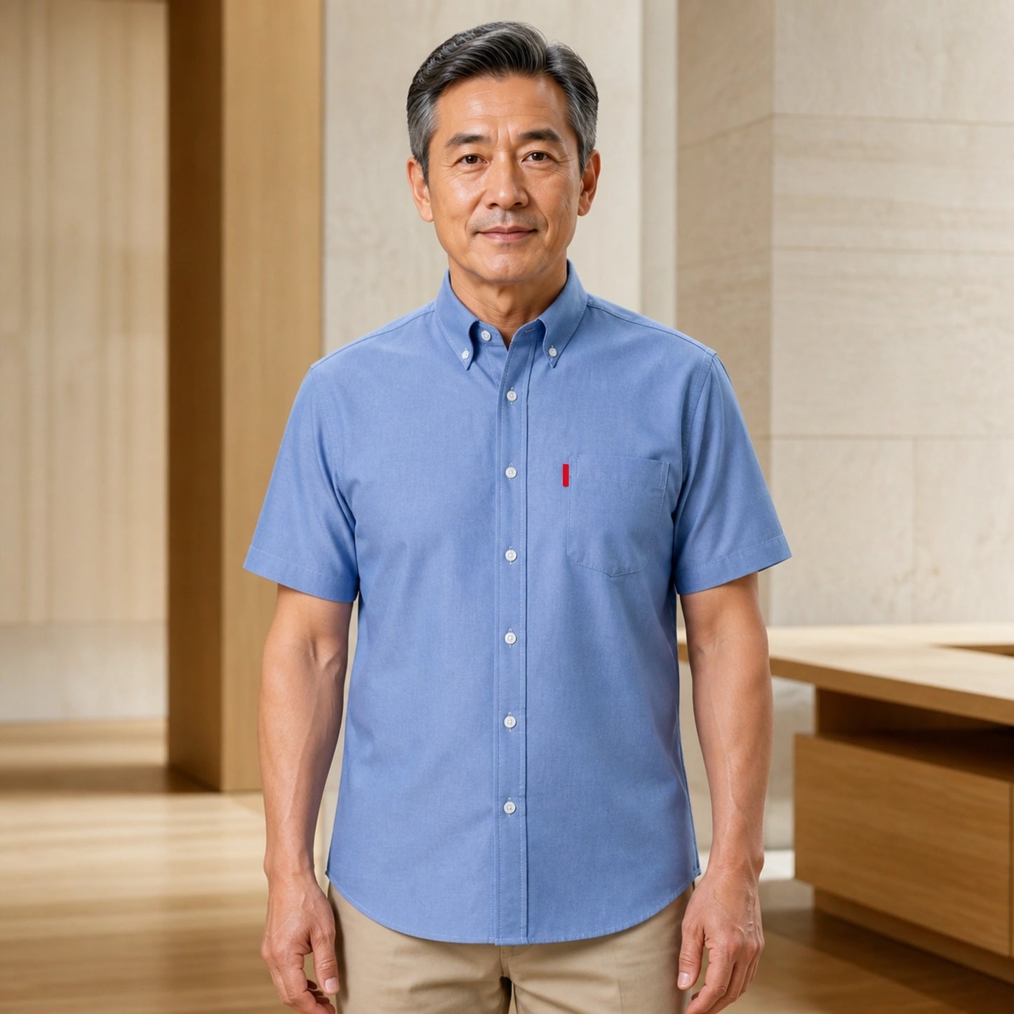 Blue Soft Casual Oxford Shirt on mature male model, front view — view 2