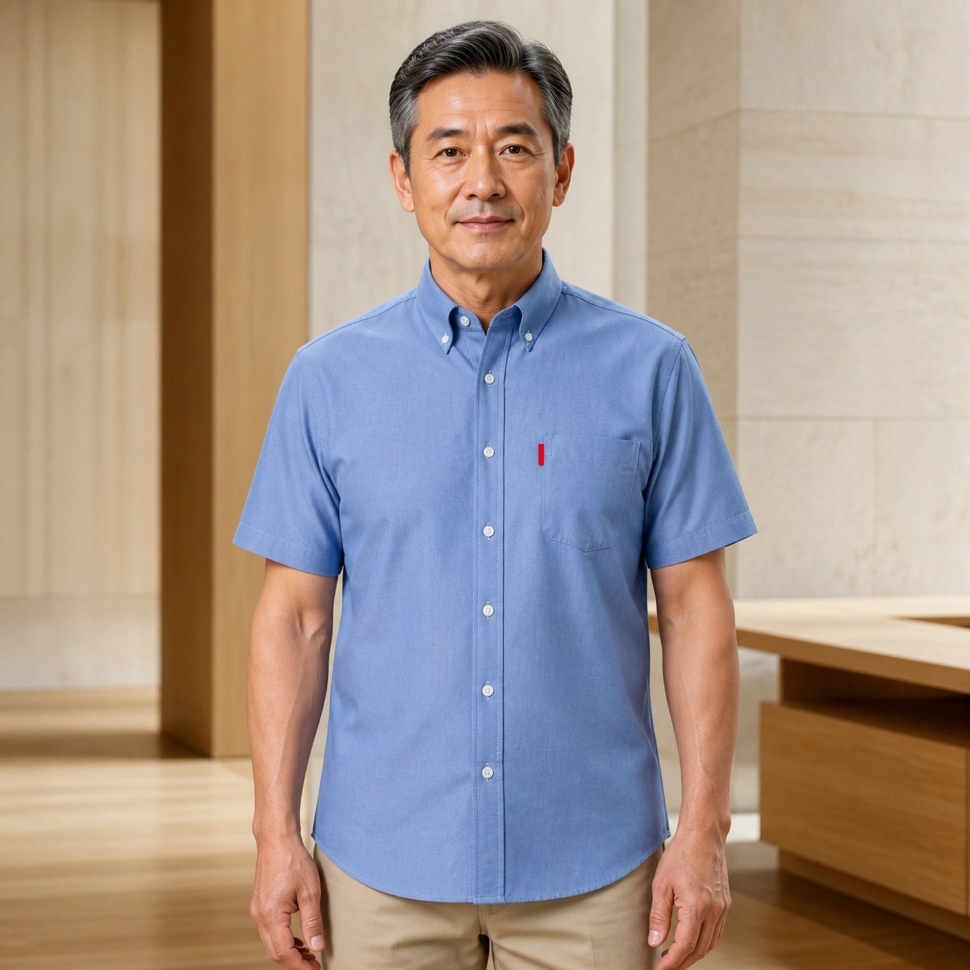 Blue Soft Casual Oxford Shirt on mature male model, front view — view 2