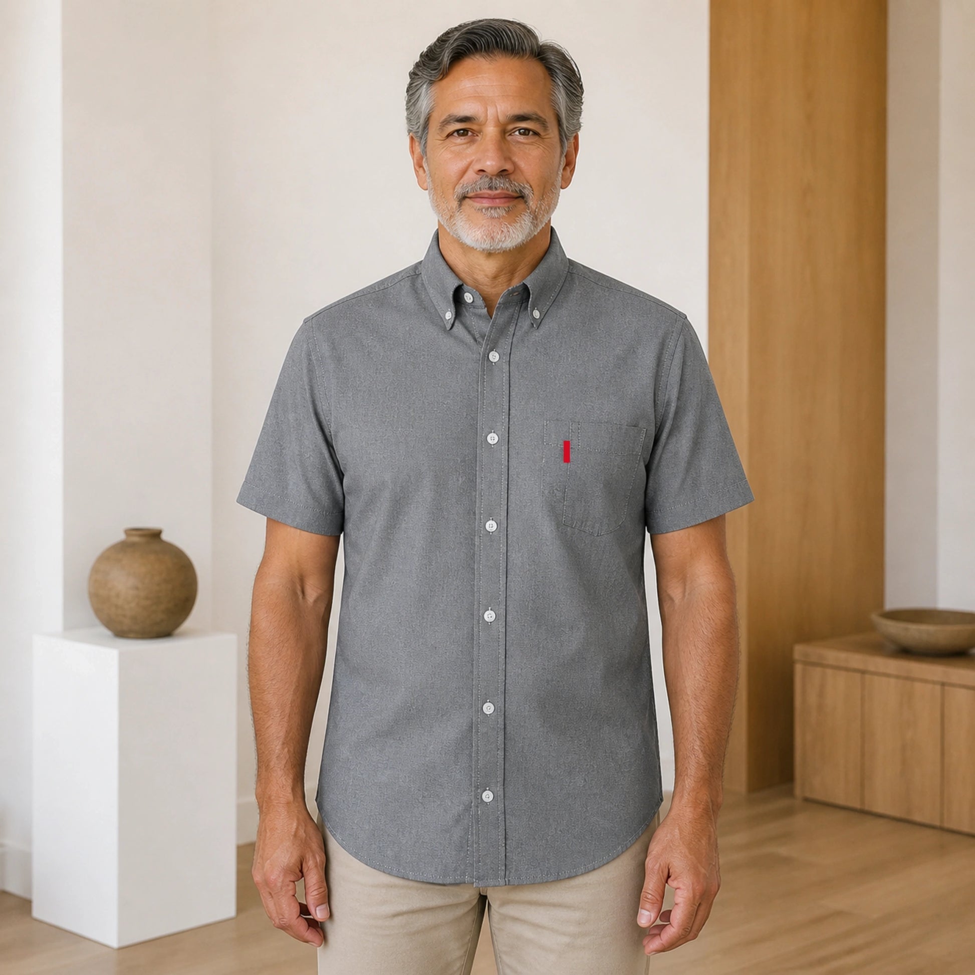 Gray Soft Casual Oxford Shirt on mature male model, front view — view 3