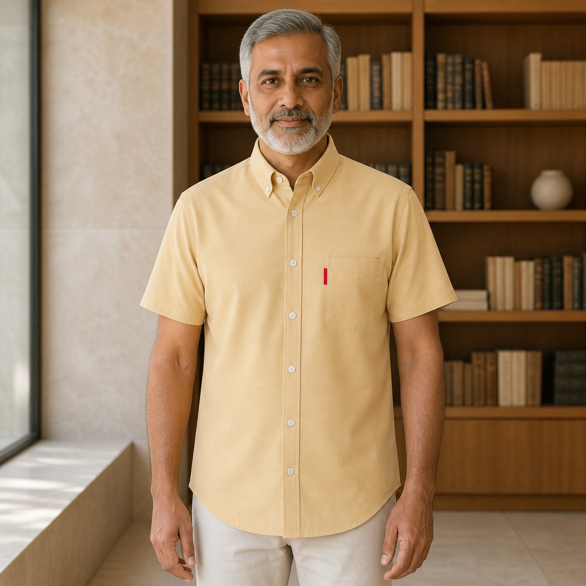 Khaki Soft Casual Oxford Shirt on mature male model, front view — view 4