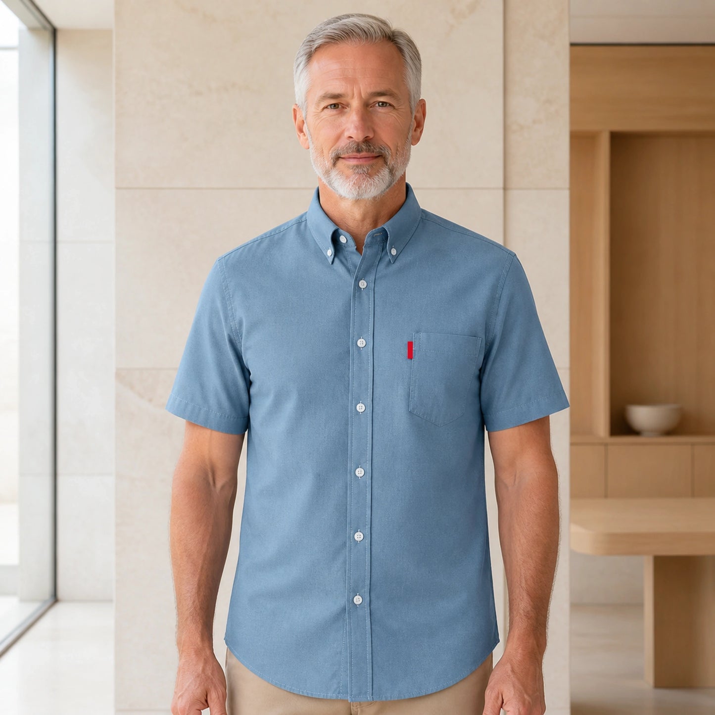 Steel Blue Soft Casual Oxford Shirt on mature male model, front view — view 6