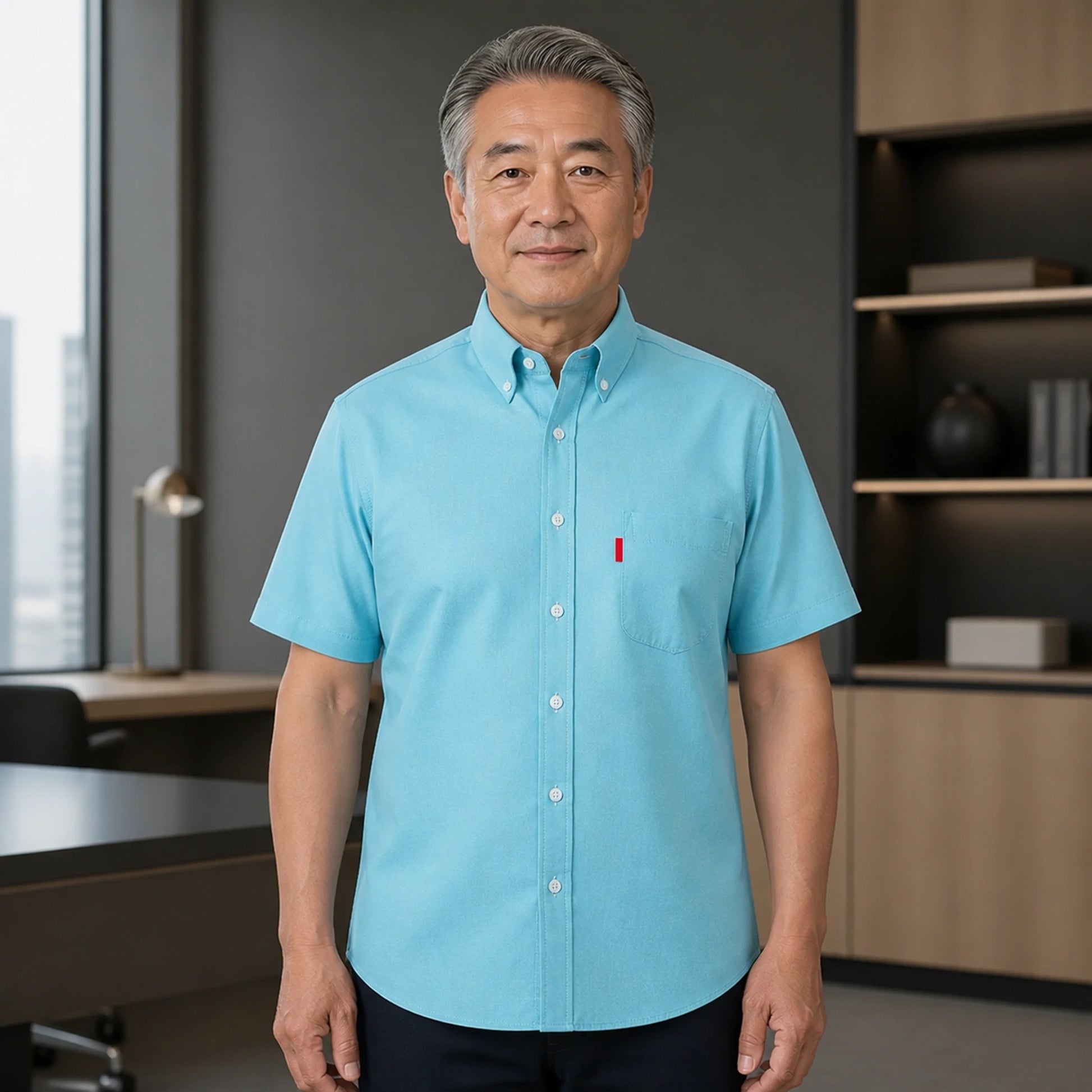Aqua Soft Casual Oxford Shirt on mature male model, front view — view 7