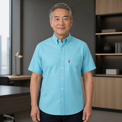 Aqua Soft Casual Oxford Shirt on mature male model, front view — view 7