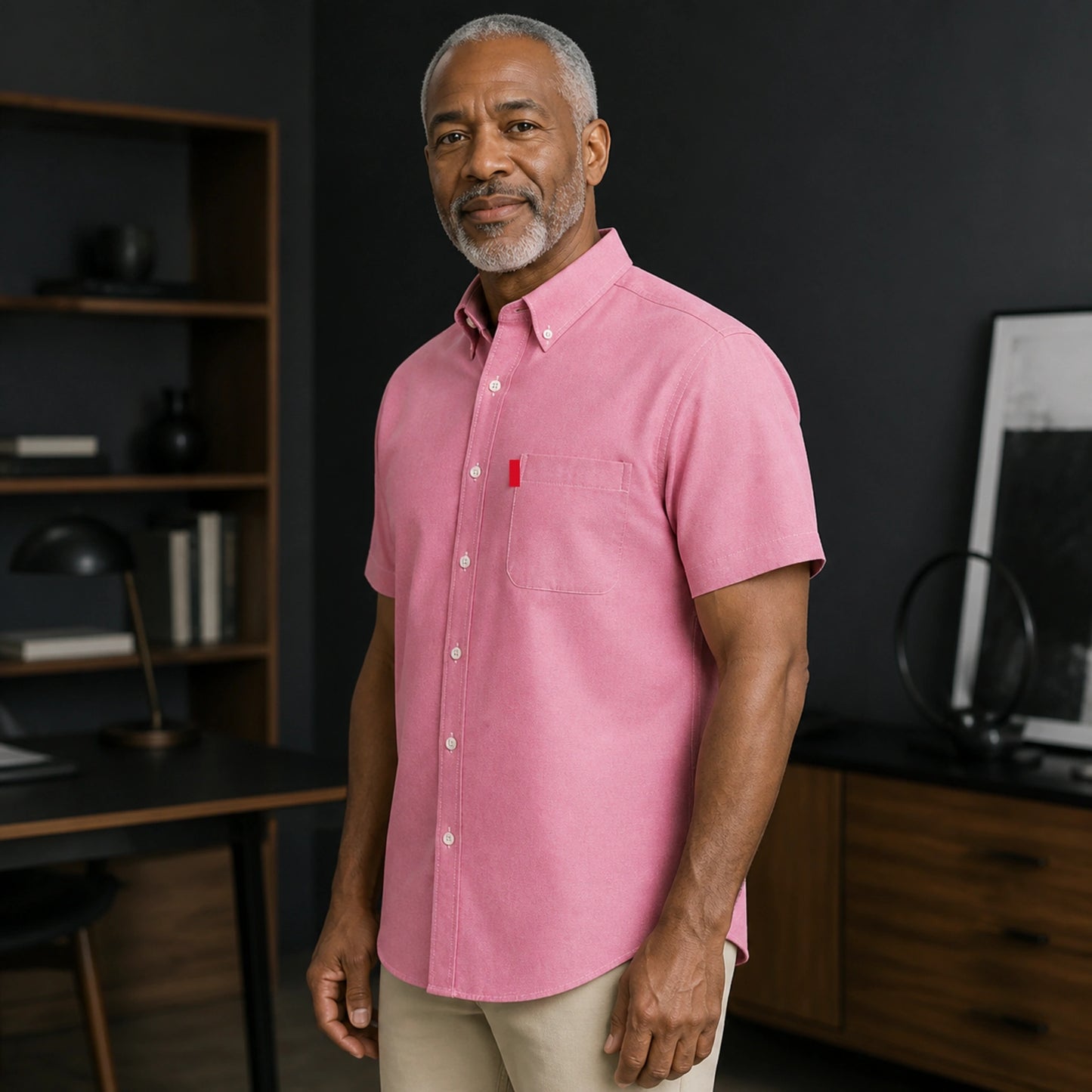 Pink Soft Casual Oxford Shirt on mature male model, side view — view 8