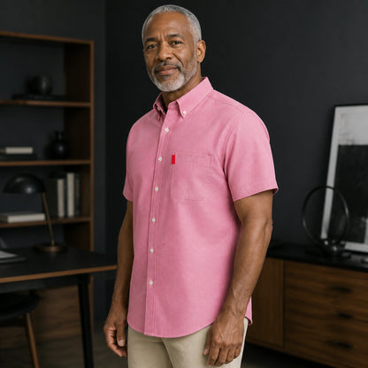 Pink Soft Casual Oxford Shirt on mature male model, side view — view 8