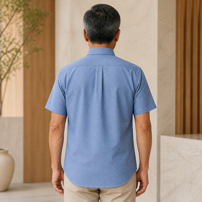 Blue Soft Casual Oxford Shirt on mature male model, back view — view 9