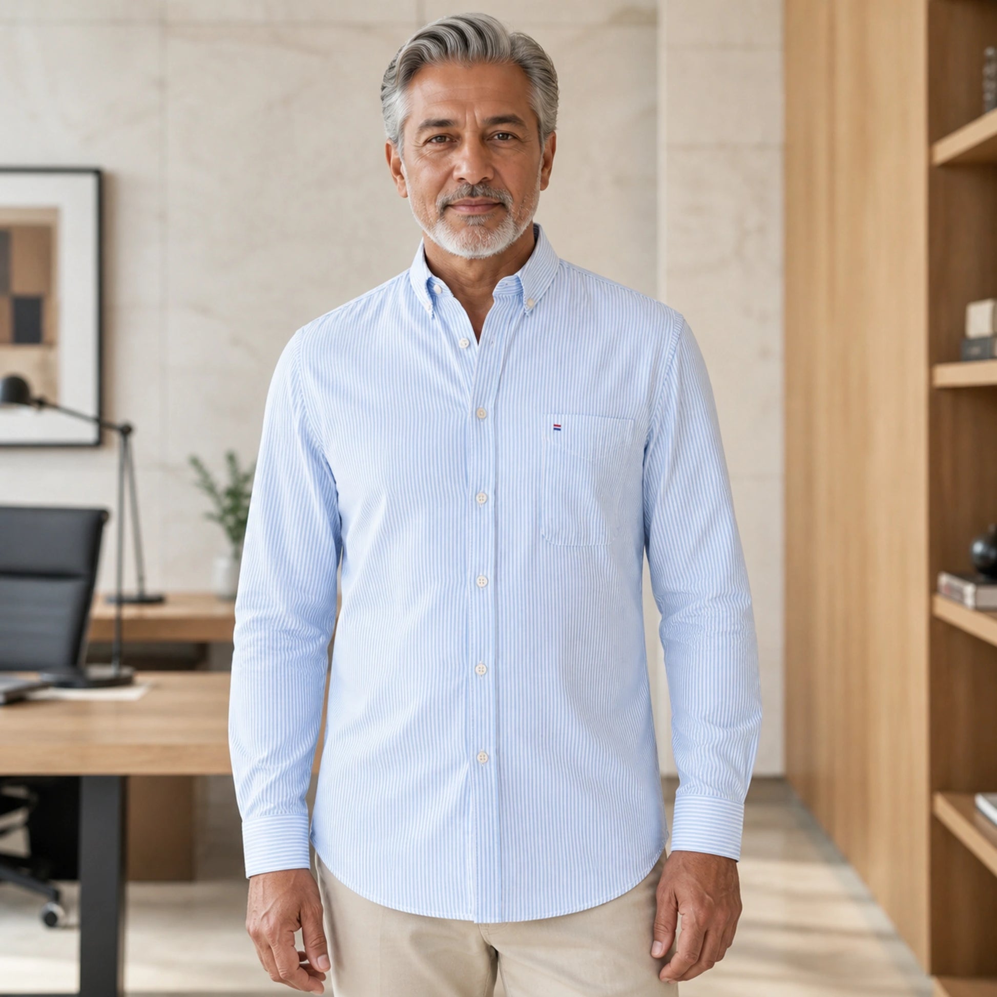 Mature man wearing Light Blue Stripe long sleeve Oxford shirt, full front view showing striped fabric, button down — view 10