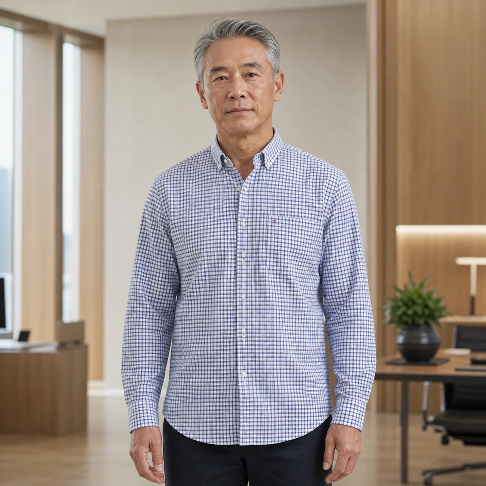 Mature man wearing Blue Plaid long sleeve Oxford shirt, full front view showing fabric, button down collar, pocket — view 11
