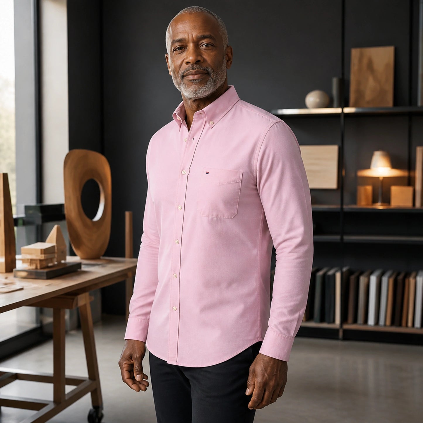 Mature man wearing Pink long sleeve casual Oxford shirt, realistic side view showing collar, pocket, cuff, seam — view 12