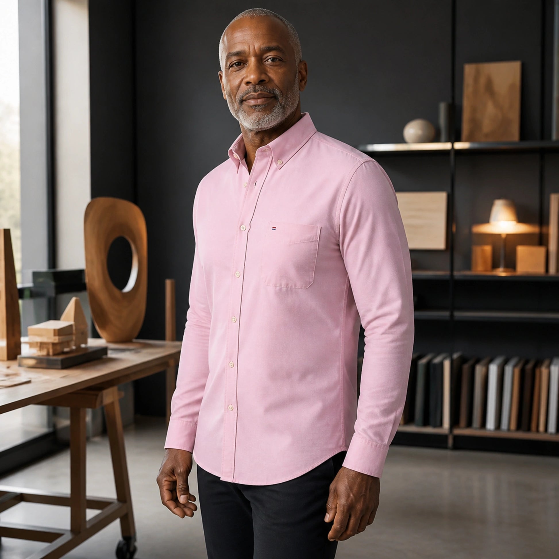 Mature man wearing Pink long sleeve casual Oxford shirt, realistic side view showing collar, pocket, cuff, seam — view 12