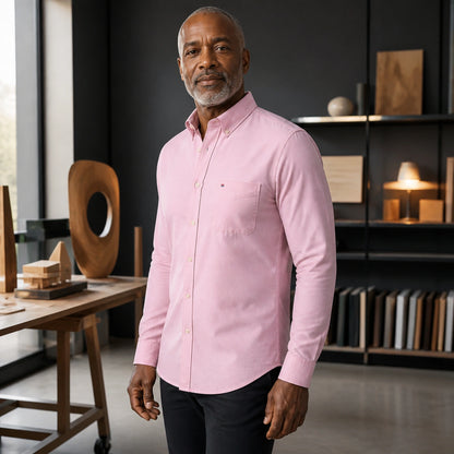 Mature man wearing Pink long sleeve casual Oxford shirt, realistic side view showing collar, pocket, cuff, seam — view 12