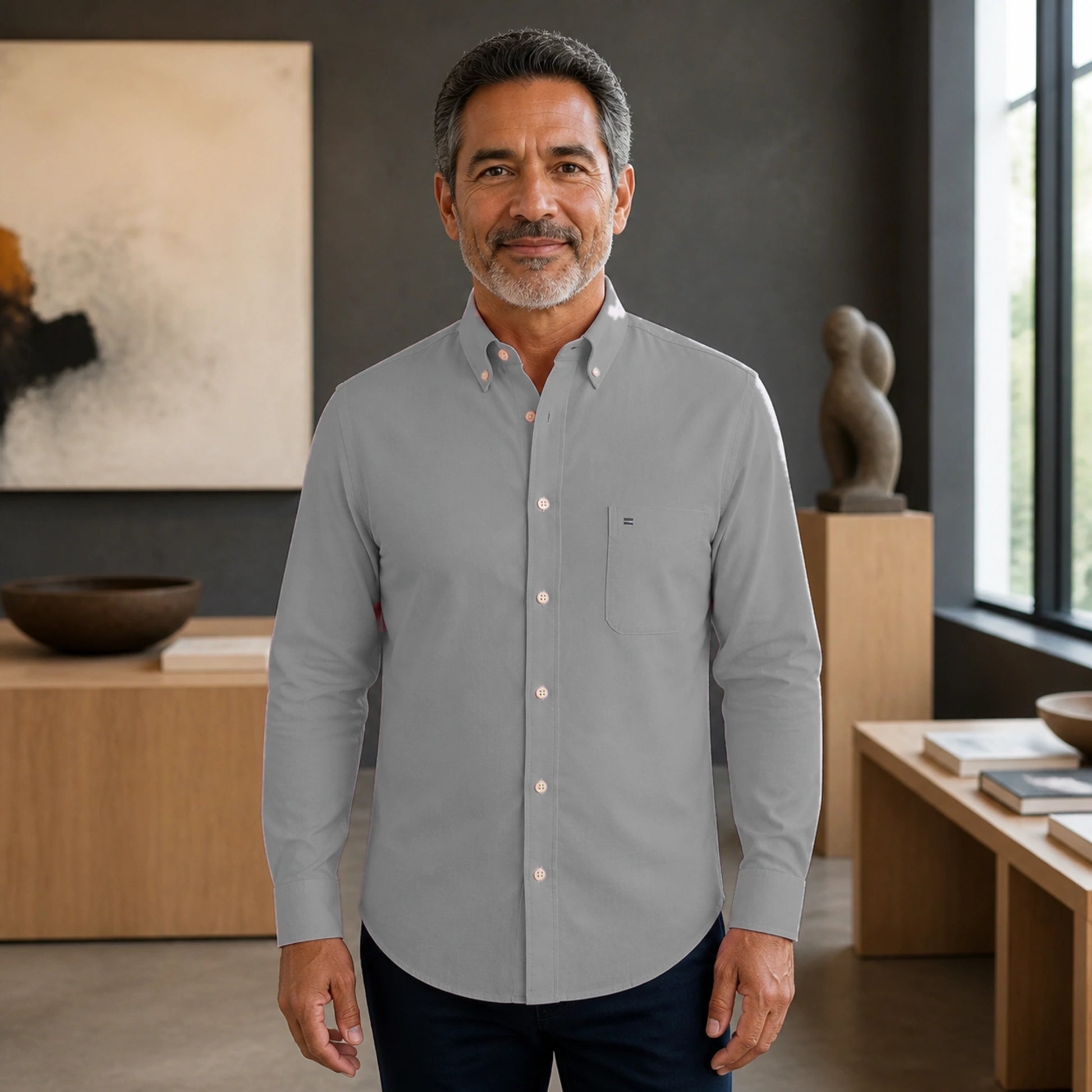 Mature man wearing Gray long sleeve casual Oxford shirt, full front view with button down collar, chest pocket — view 2