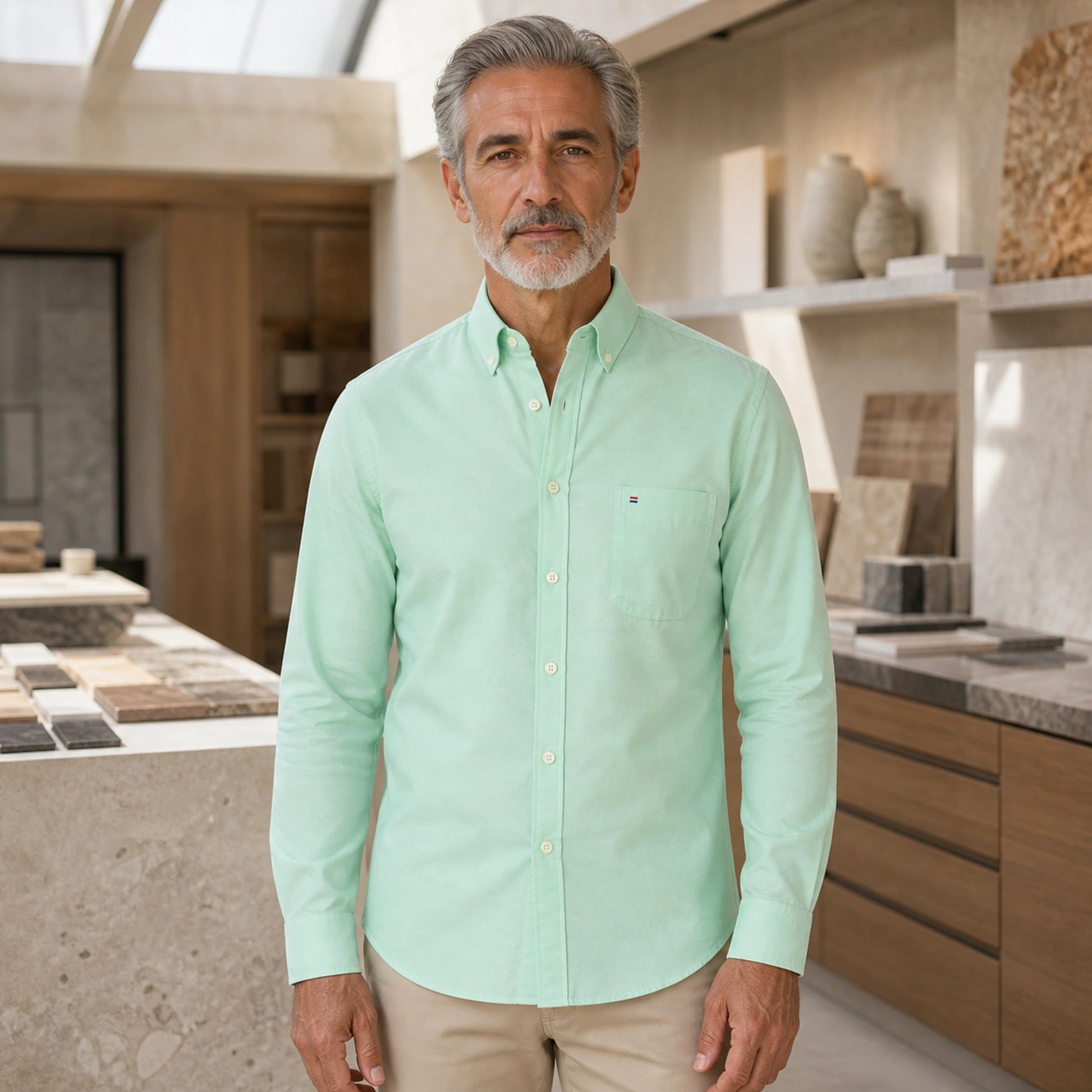 Mature man wearing Light Green long sleeve casual Oxford shirt, full front view with button down collar, chest — view 3