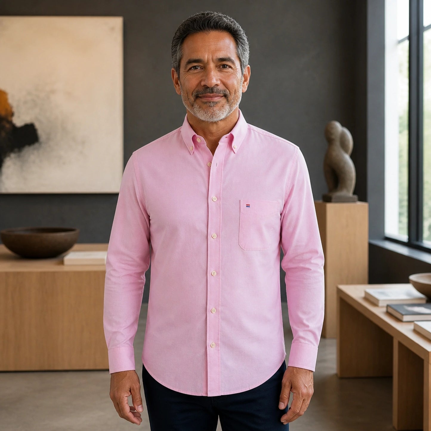 Mature man wearing Pink long sleeve casual Oxford shirt, full front view with button down collar, chest pocket — view 4