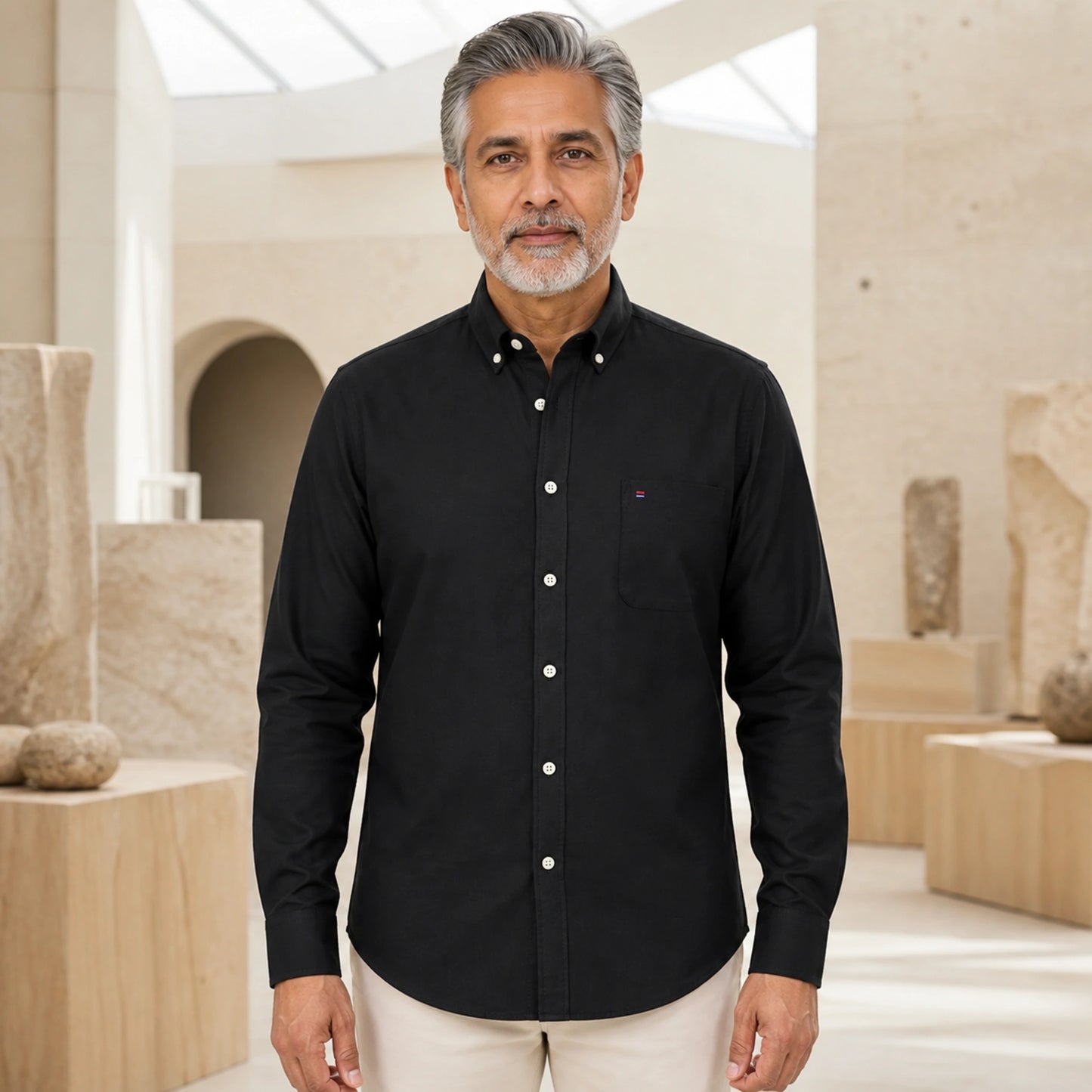 Mature man wearing Black long sleeve casual Oxford shirt, full front view with button down collar, chest pocket — view 5