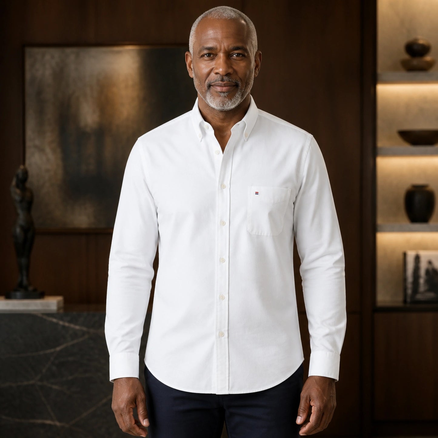 Mature man wearing White long sleeve casual Oxford shirt, full front view with button down collar, chest pocket — view 7