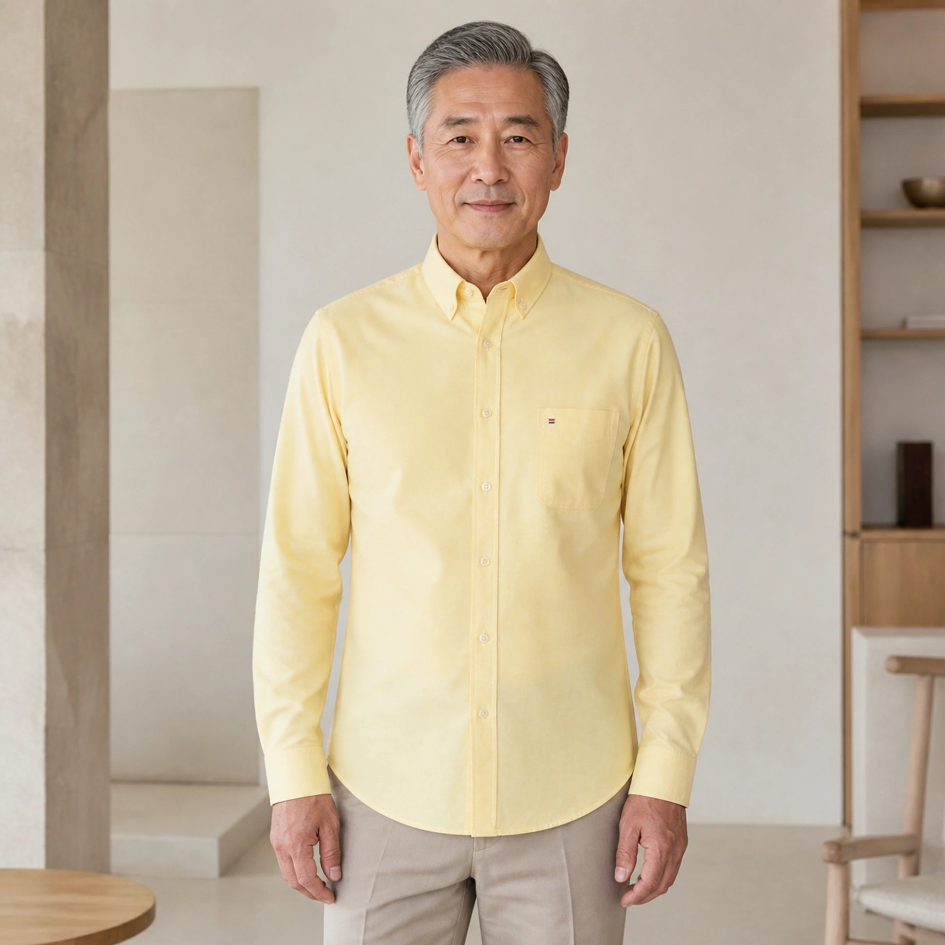 Mature man wearing Yellow long sleeve casual Oxford shirt, full front view with button down collar, chest pocket — view 8