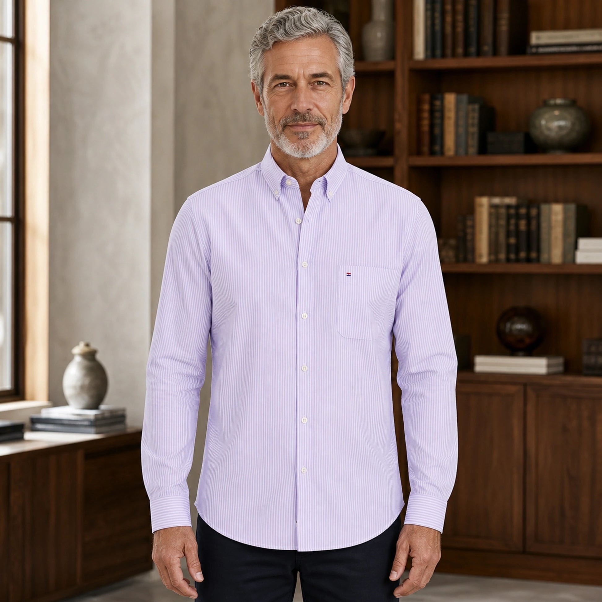 Mature man wearing Light Purple Stripe long sleeve Oxford shirt, full front view showing striped fabric, button down — view 9
