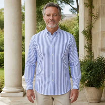 Blue and White Bengal Stripe Oxford Shirt Front View — view 11