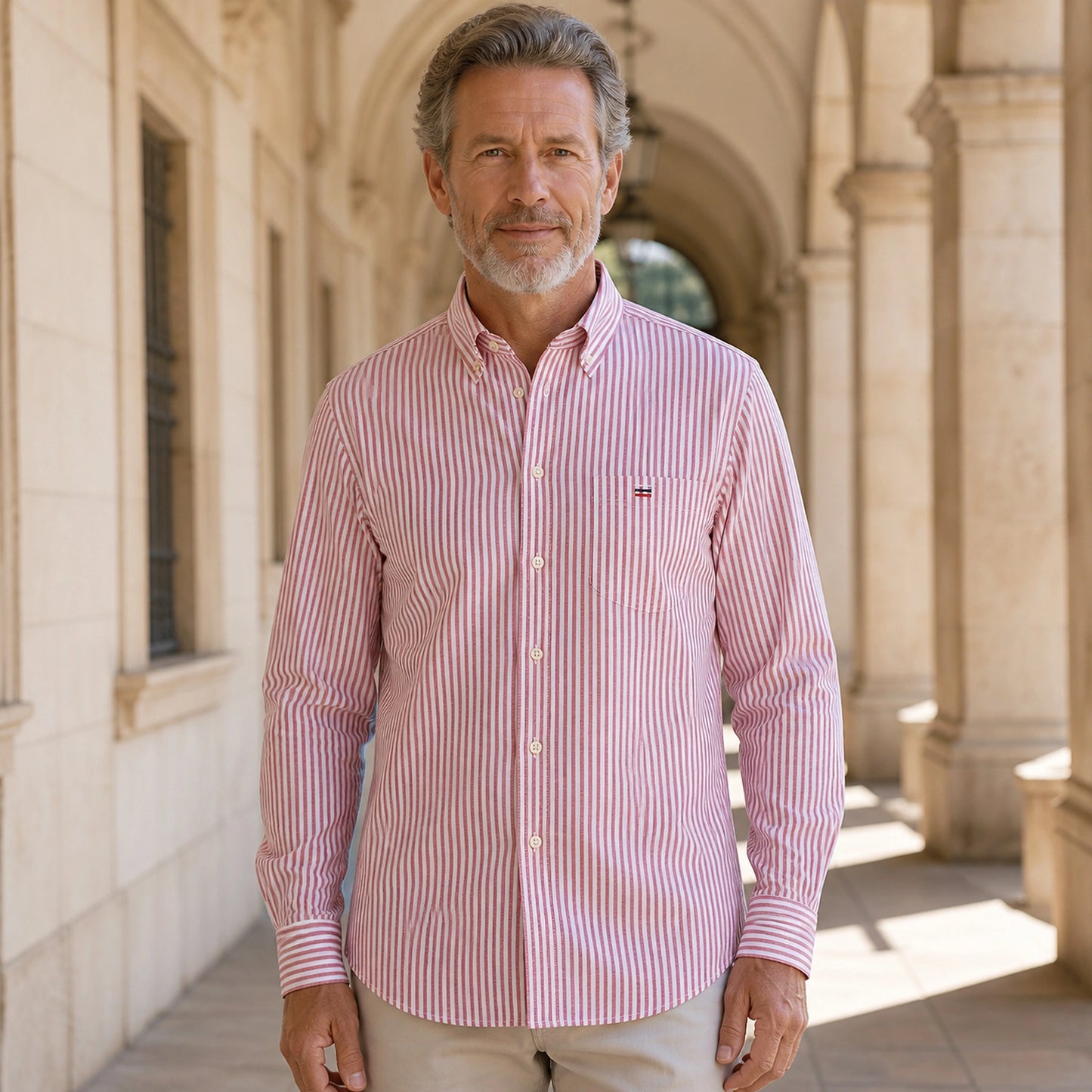 Red and White Bengal Stripe Oxford Shirt Front View — view 12