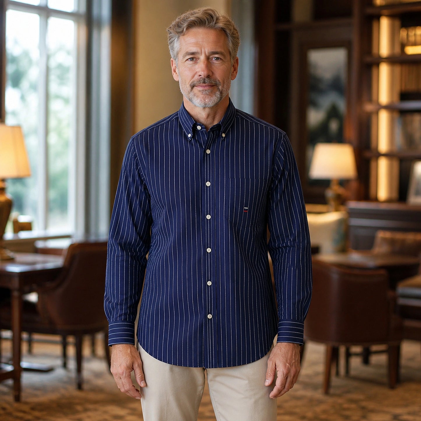 Navy Pinstripe Oxford Shirt Front View — view 14