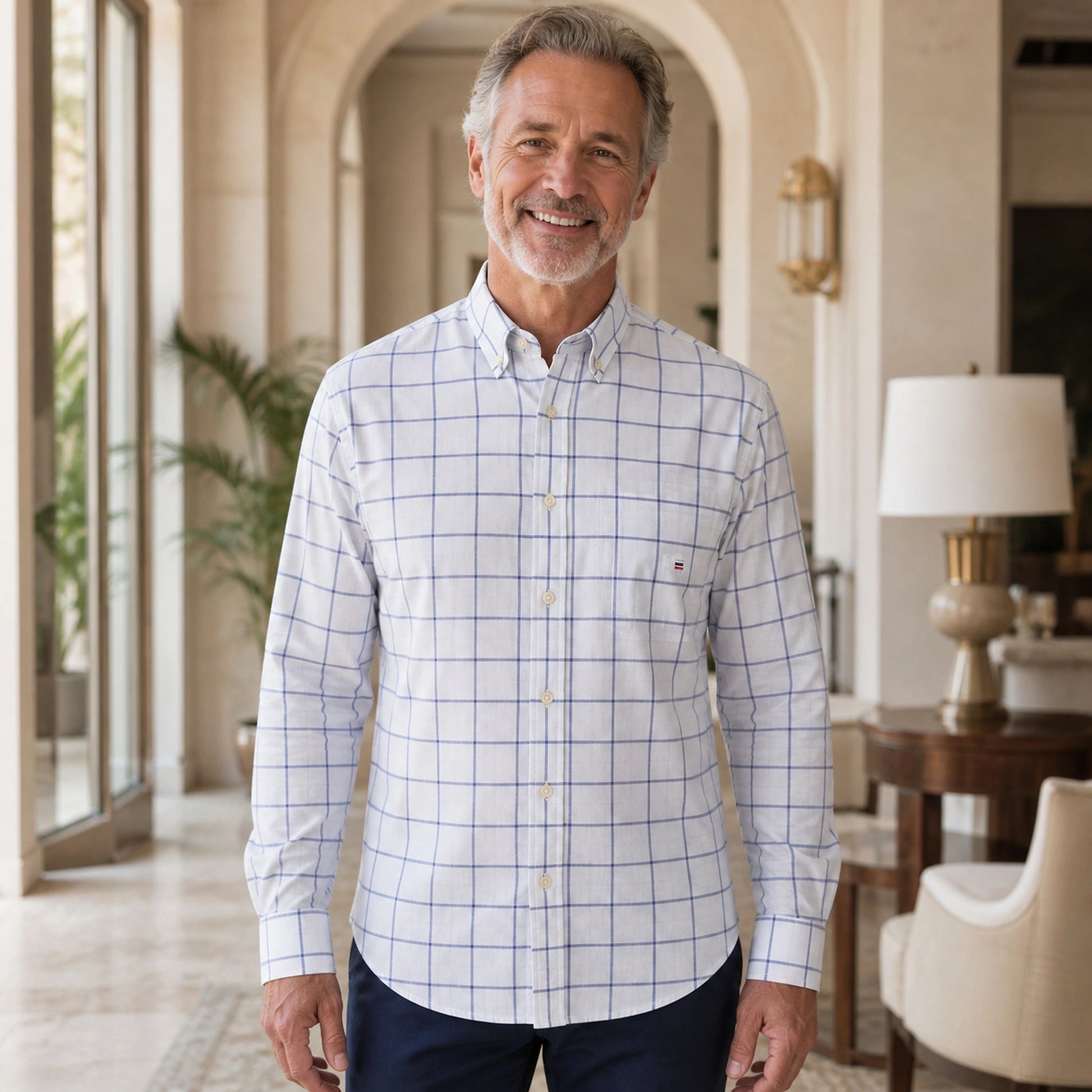 White and Navy Windowpane Oxford Shirt Front View — view 2